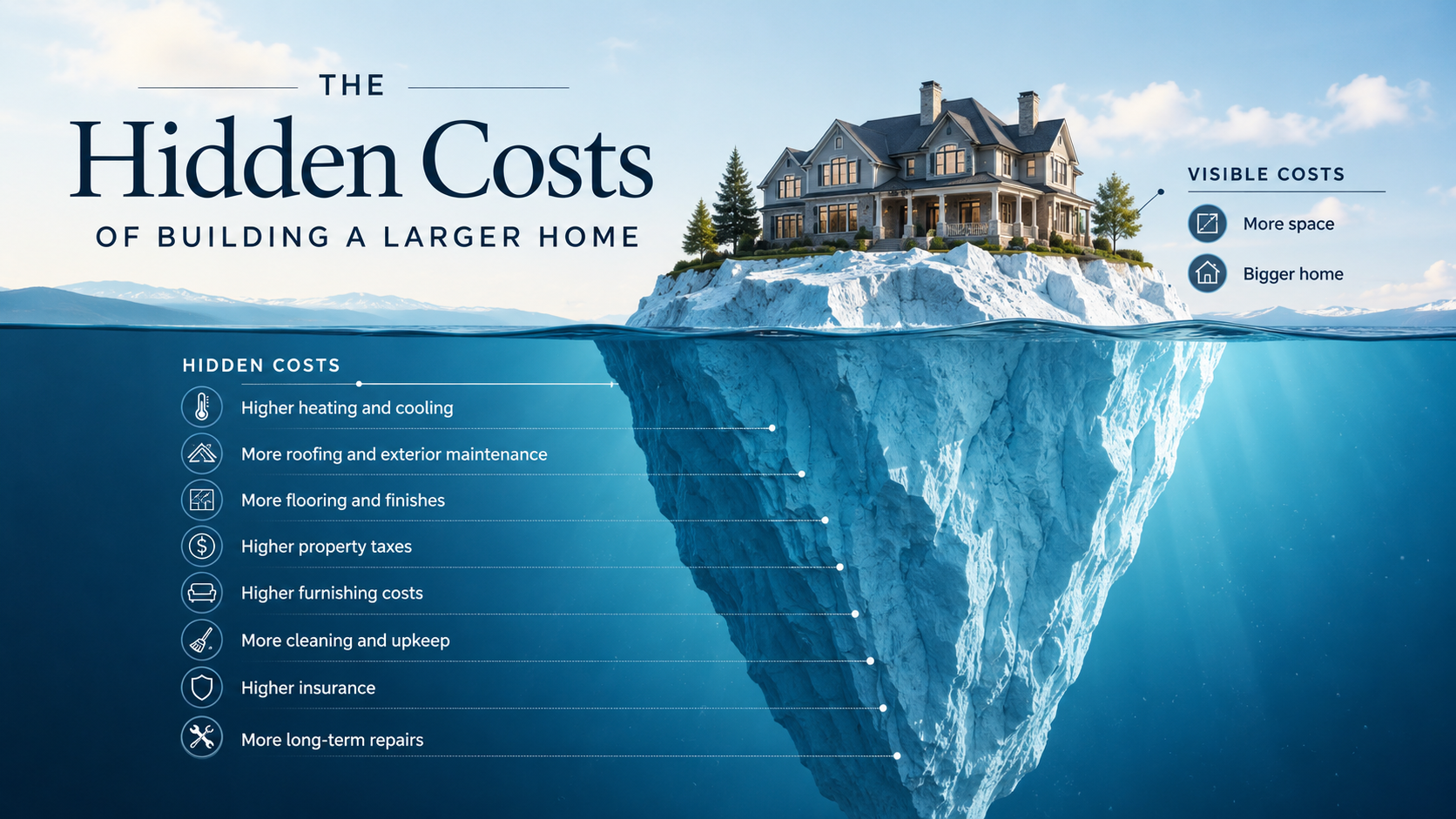 Iceberg-style image showing a large home above water as the visible cost and a much larger hidden cost below water, including heating, maintenance, taxes, insurance, cleaning, furnishings, and repairs.
