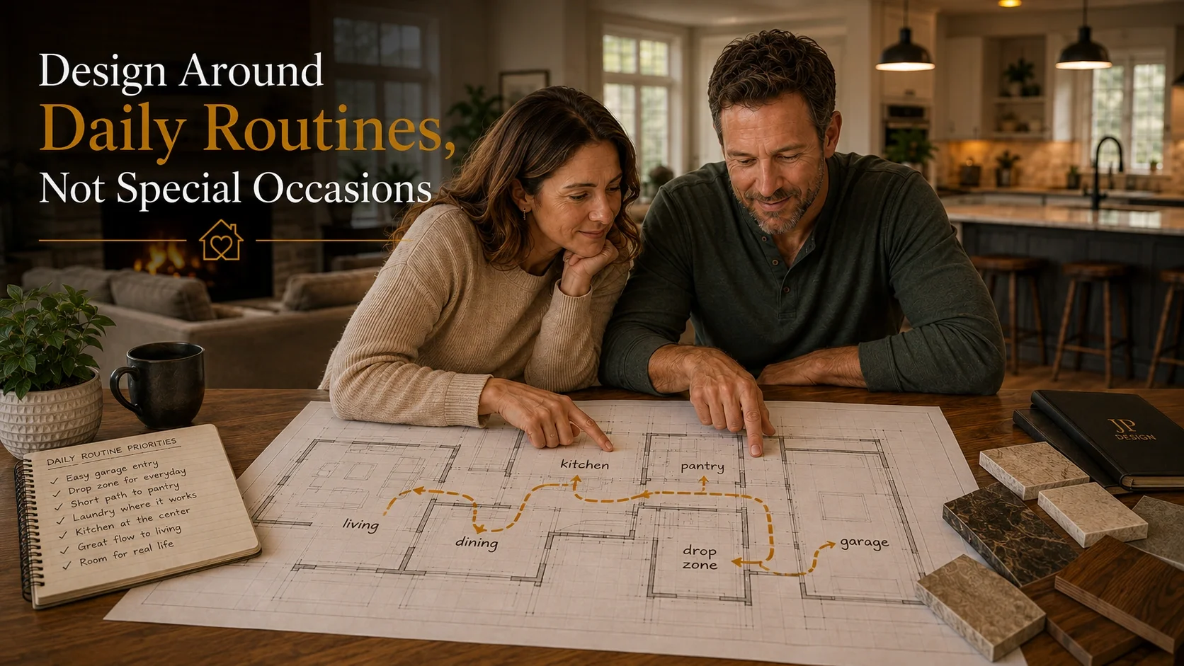 Homeowner couple reviewing a floor plan with daily-use paths connecting the garage, drop zone, pantry, kitchen, dining, and living areas to improve everyday home function.
