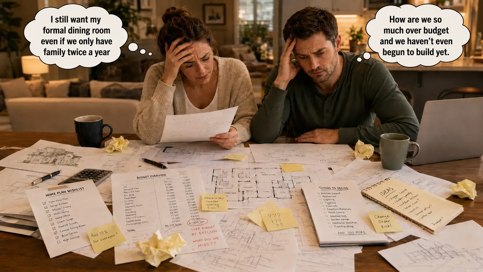 Stressed couple reviewing scattered home plans, budget worksheets, wish lists, and notes at a table, overwhelmed by design choices, budget overruns, and lack of planning guidance before building.