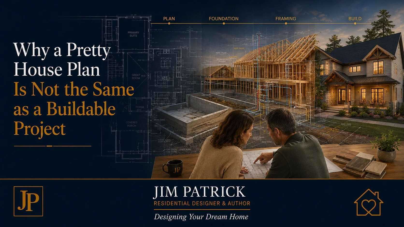 House plan transitioning from architectural drawings into foundation and framing to show how a residential design becomes a buildable construction project.