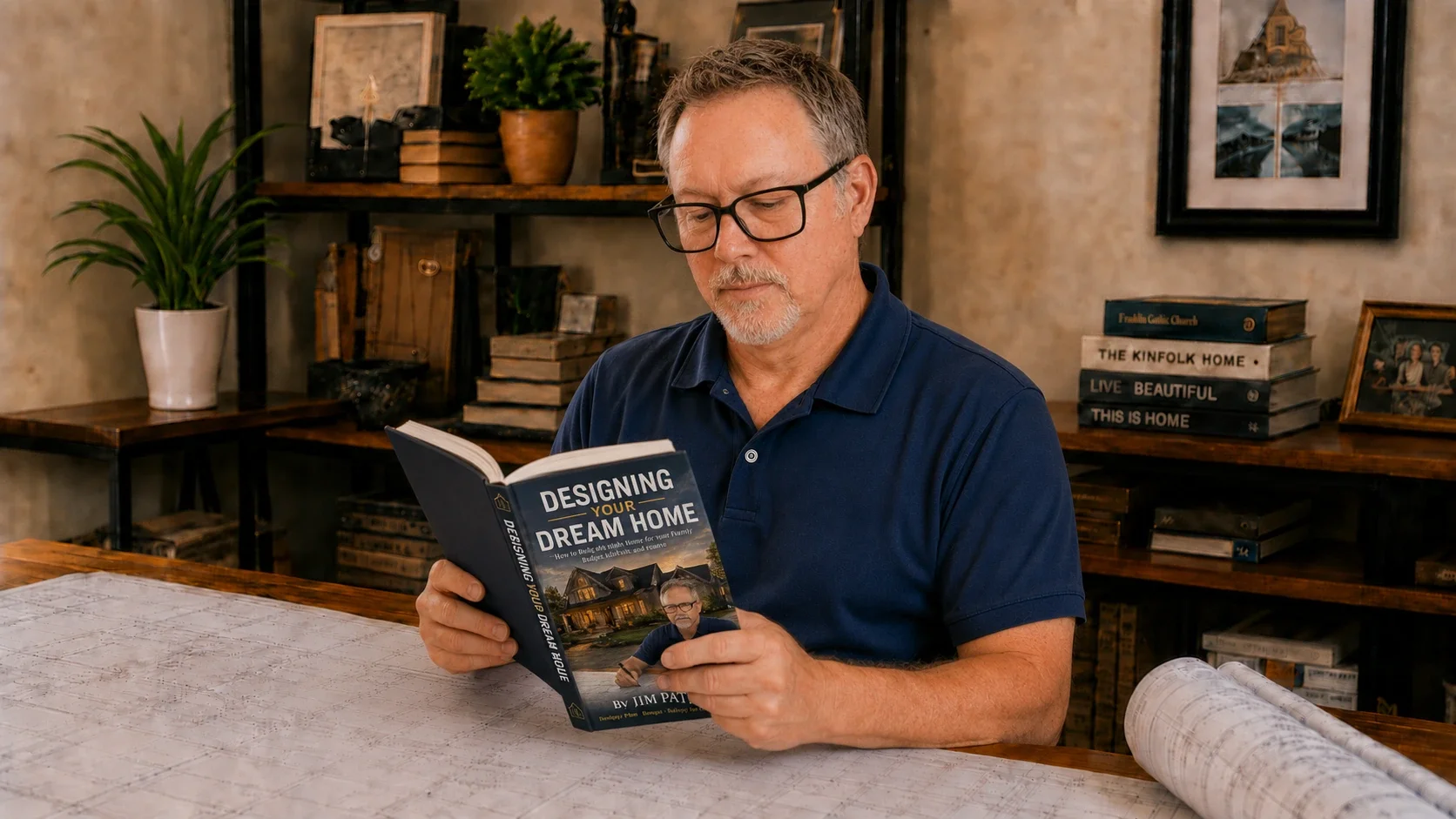 Jim Patrick, residential designer and author, reading his hardcover book Designing Your Dream Home at a desk covered with house plans.