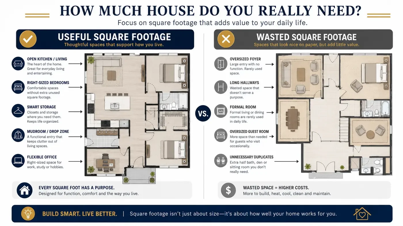 Infographic comparing useful square footage with wasted square footage, showing efficient rooms, smart storage, flexible office space, oversized foyers, long hallways, formal rooms, and unnecessary duplicate spaces.