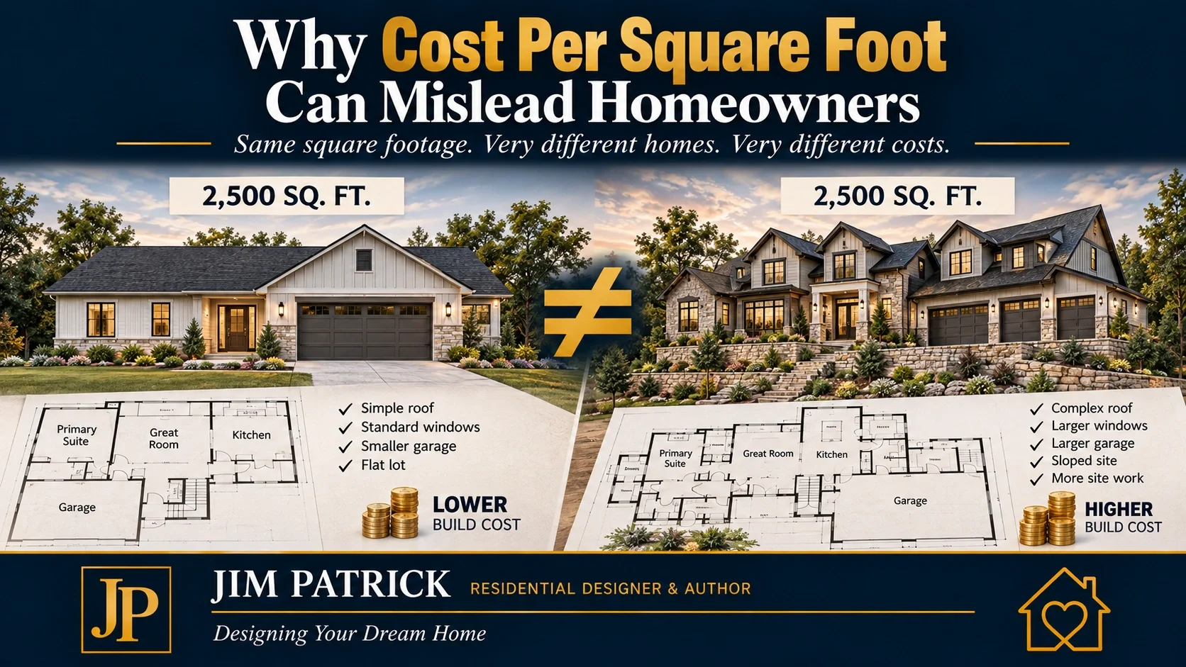 Two 2,500-square-foot homes with different construction complexity illustrating why the same square footage can produce very different building costs.