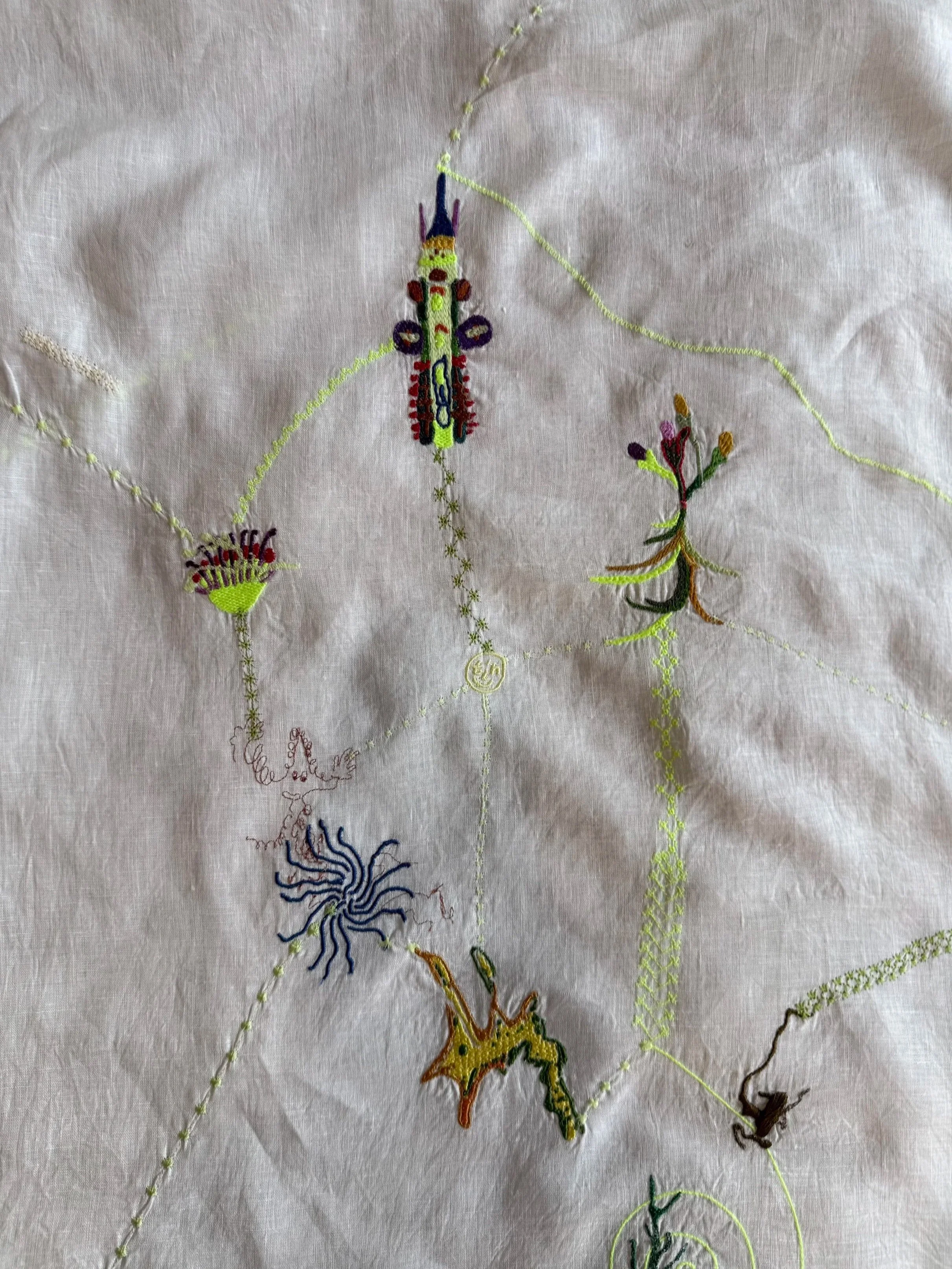 Colorful embroidery of various fantasy creatures and plants on fabric. Features a dragon, underwater creature, and stylized floral designs connected by swirling lines.