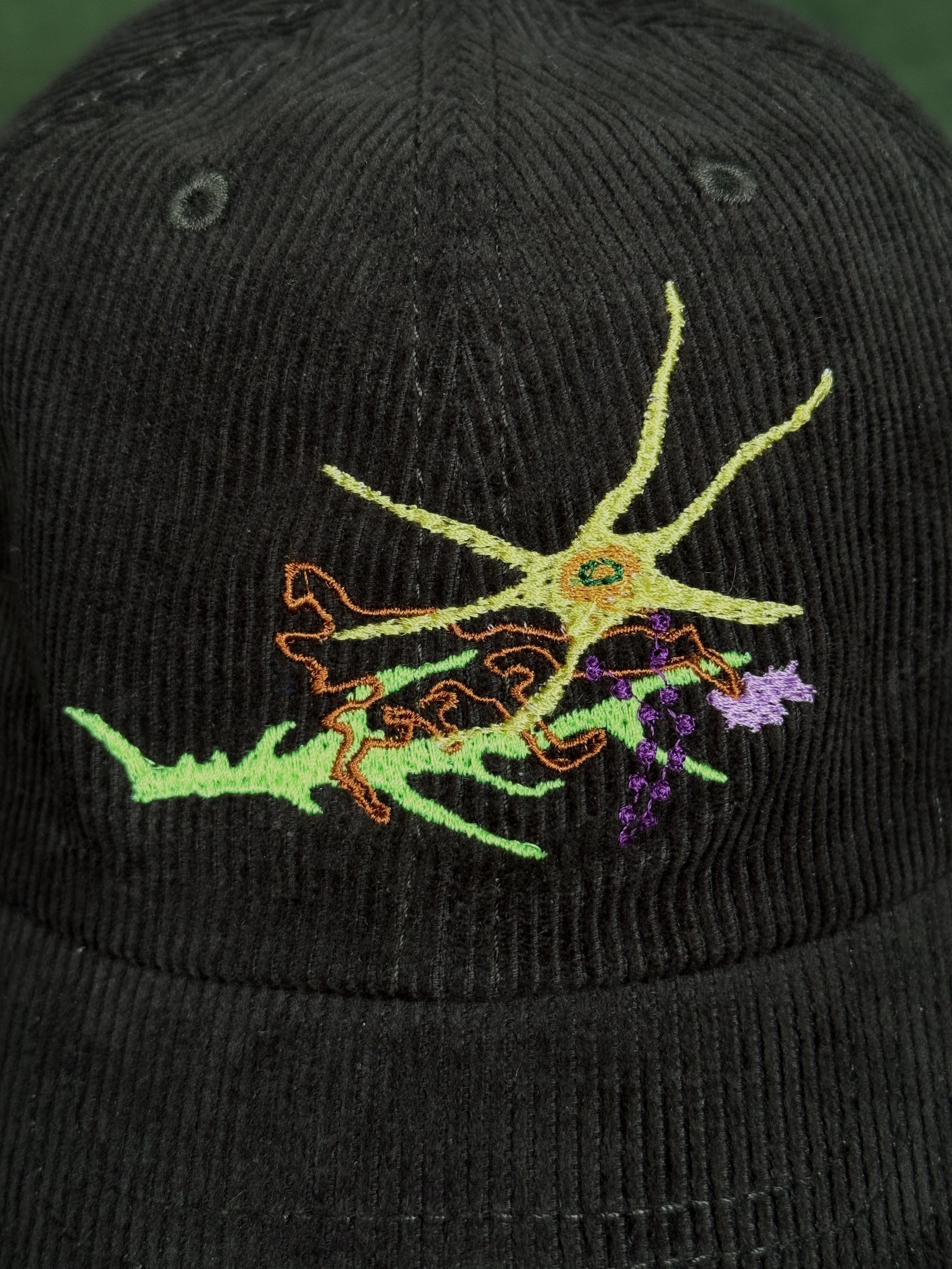 Close-up of a black knitted cap with an embroidered colorful gecko design.