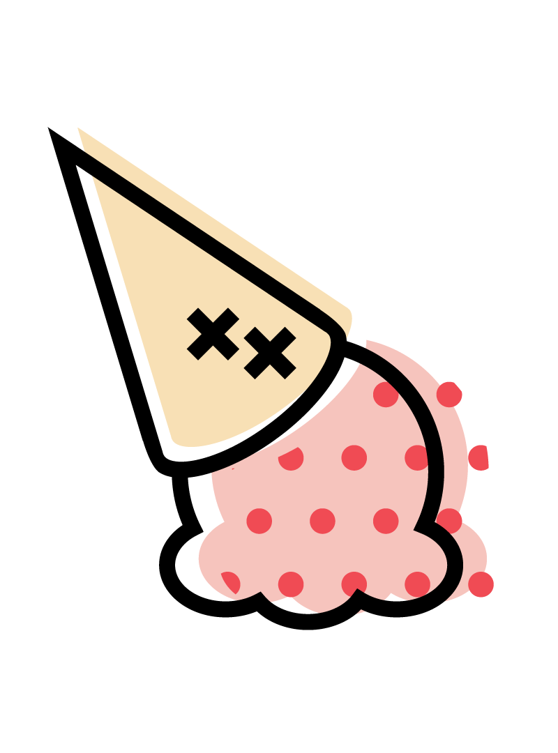 XO logomark consisting of an upside down ice cream cone with pink ice cream and red dots, topped with an ice cream cone with two Xs.