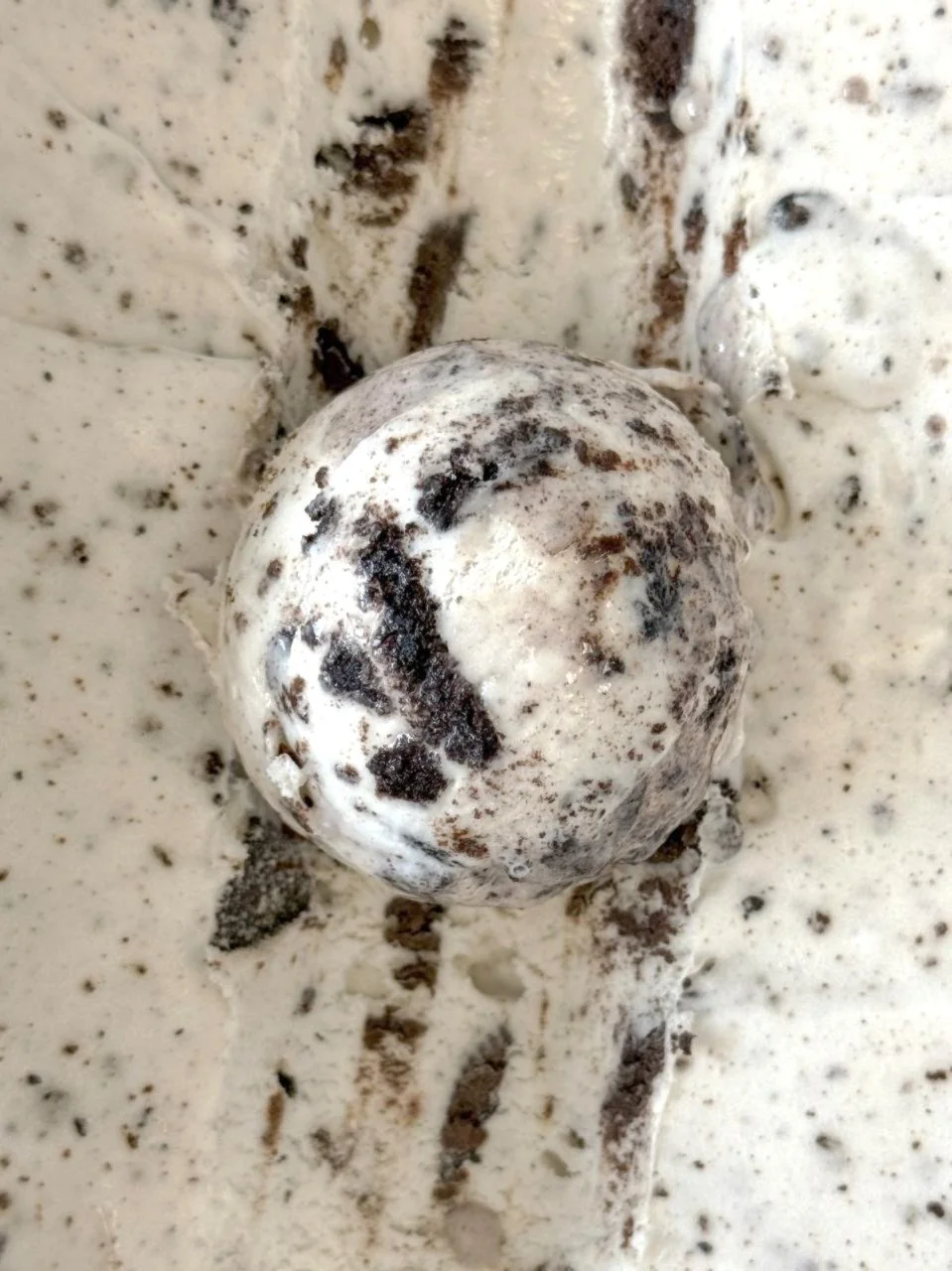 Close up of a white scoop of Cookies & Cream ice cream with bits of chocolate cookies in it