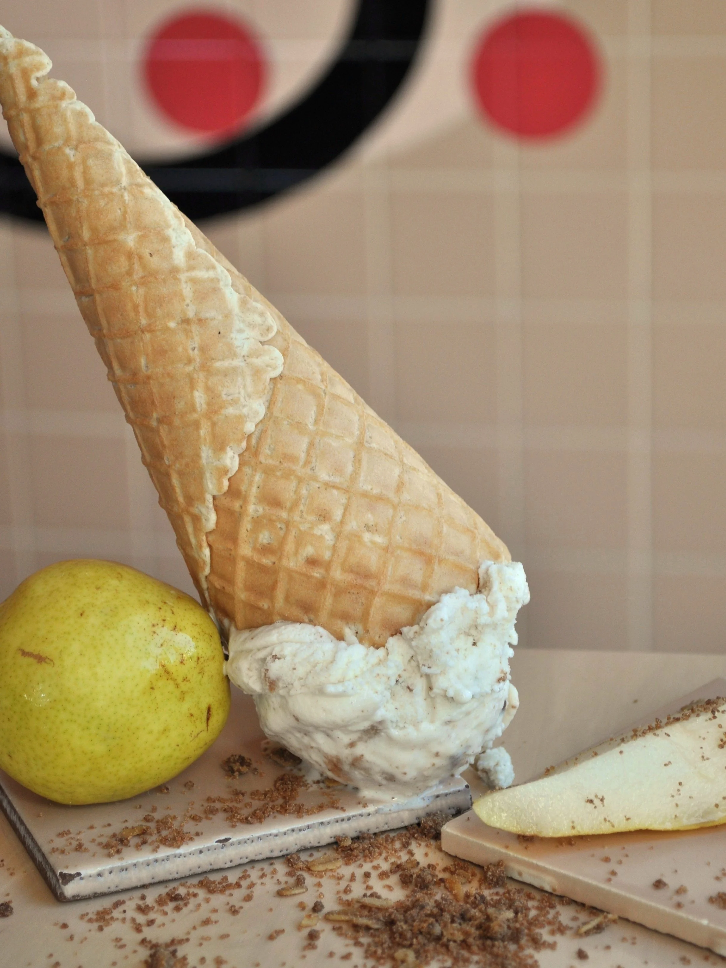 Upside down scoop of Brown Butter Pear Crumble ice cream