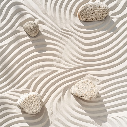 Four white rocks on a textured white surface with wavy lines