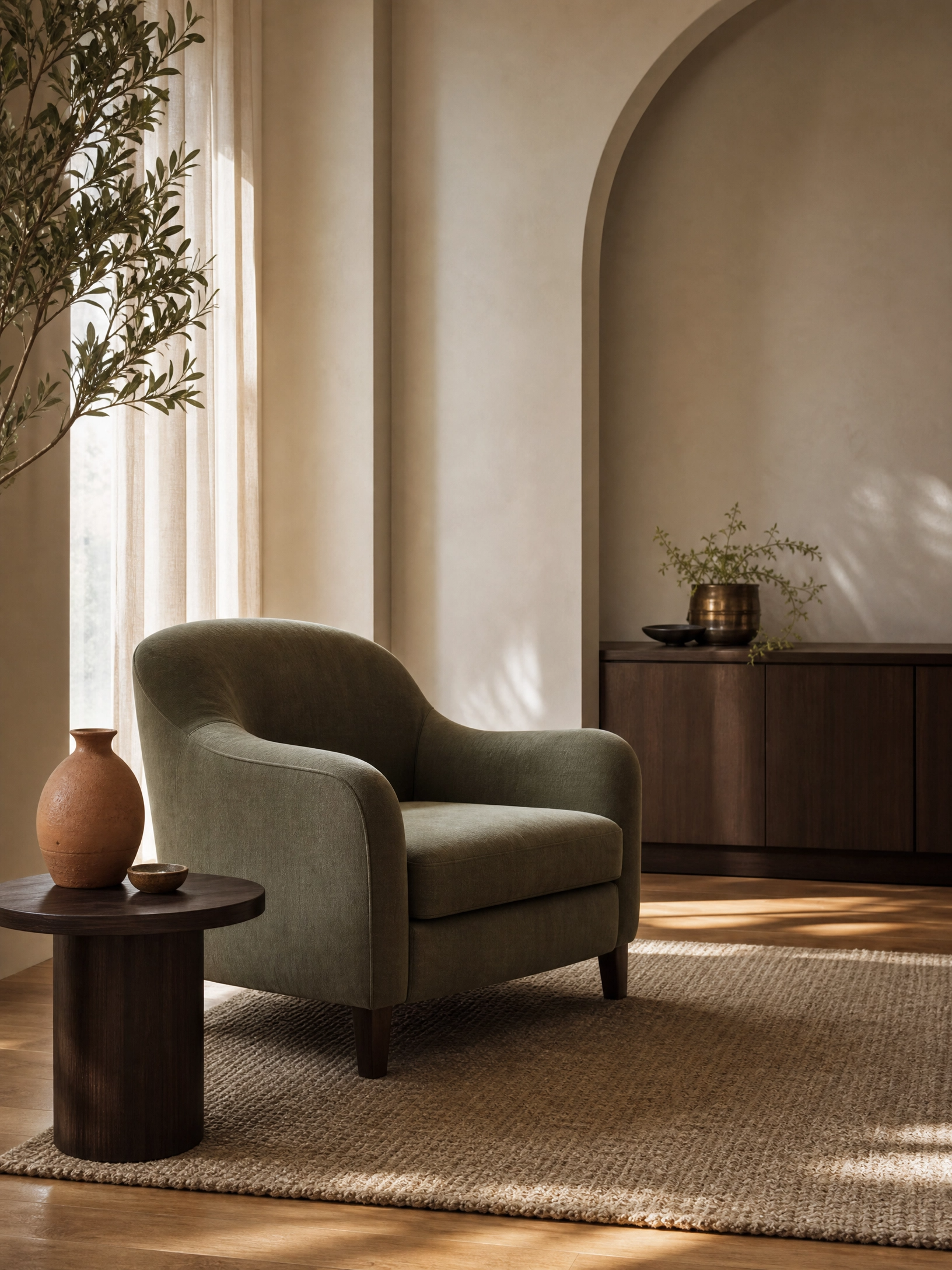 A cozy living room corner with a green upholstered armchair, a round wooden side table with a terracotta vase and a small bowl, a beige textured rug, a wooden cabinet with decorative vases and greenery, beige curtains, and warm natural lighting.