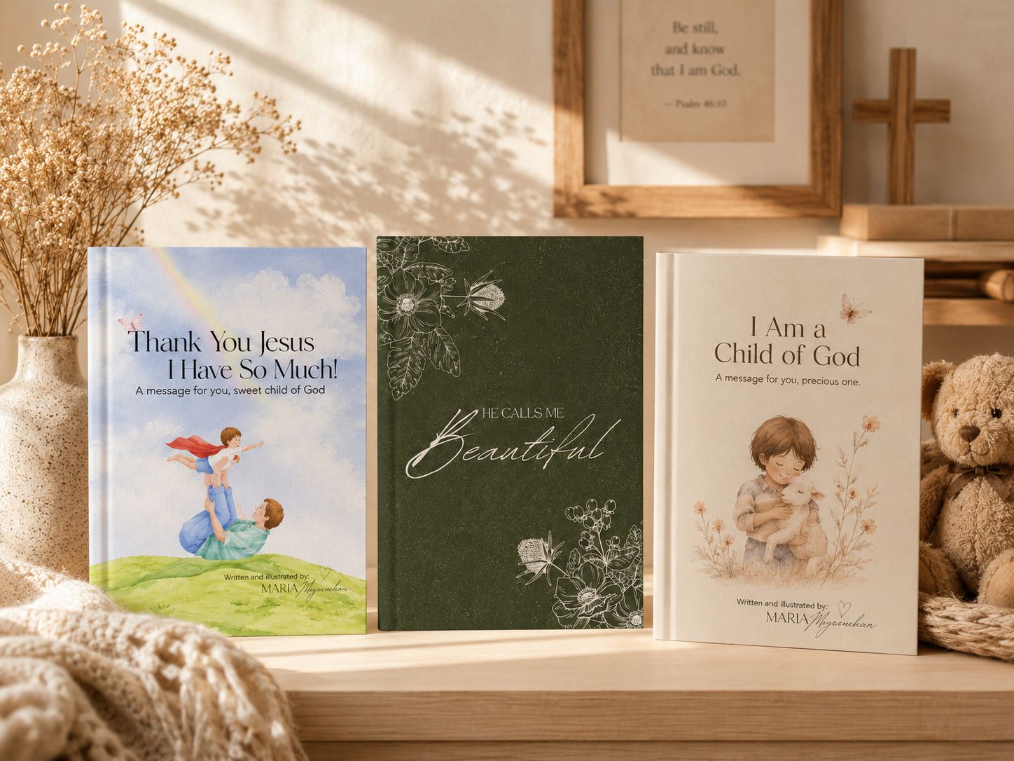 Three children's books with religious messages, placed on a wooden surface next to a teddy bear and a vase of dried flowers, with framed wall art in the background.