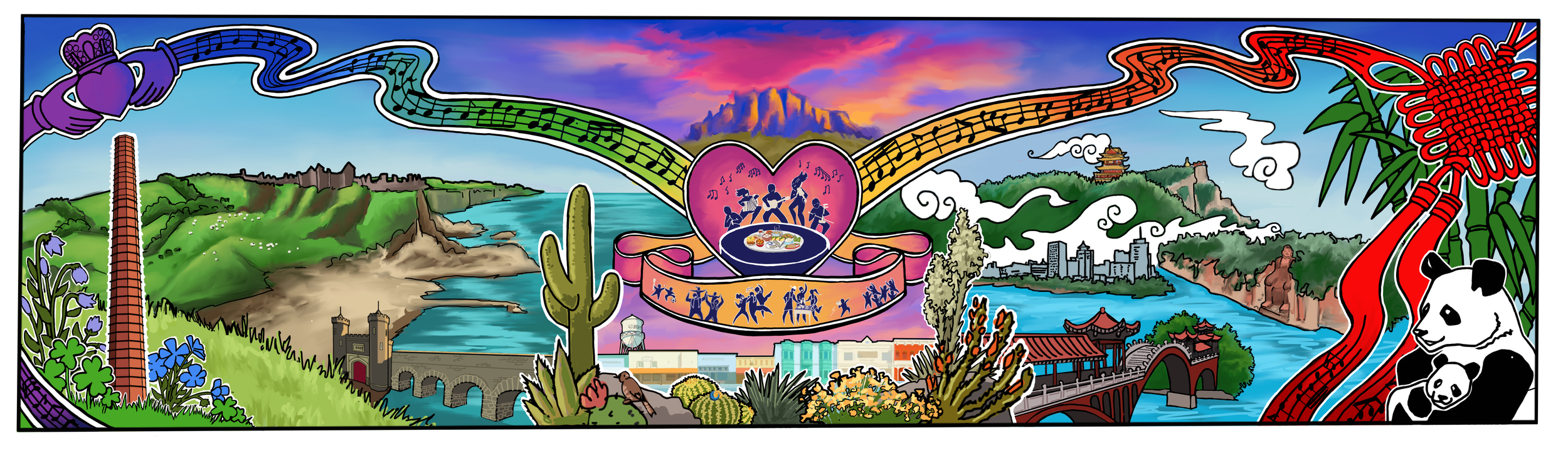 The colorful Gilbert Sister Cities Friendship Garden Mural celebrates Gilbert, Arizona, Leshan China, and Antrim-Newtownabbey Northern Ireland, featuring the Leshan Giant Buddha, Superstition Mountains, musicians, pandas, and birds, by Julia Berryman