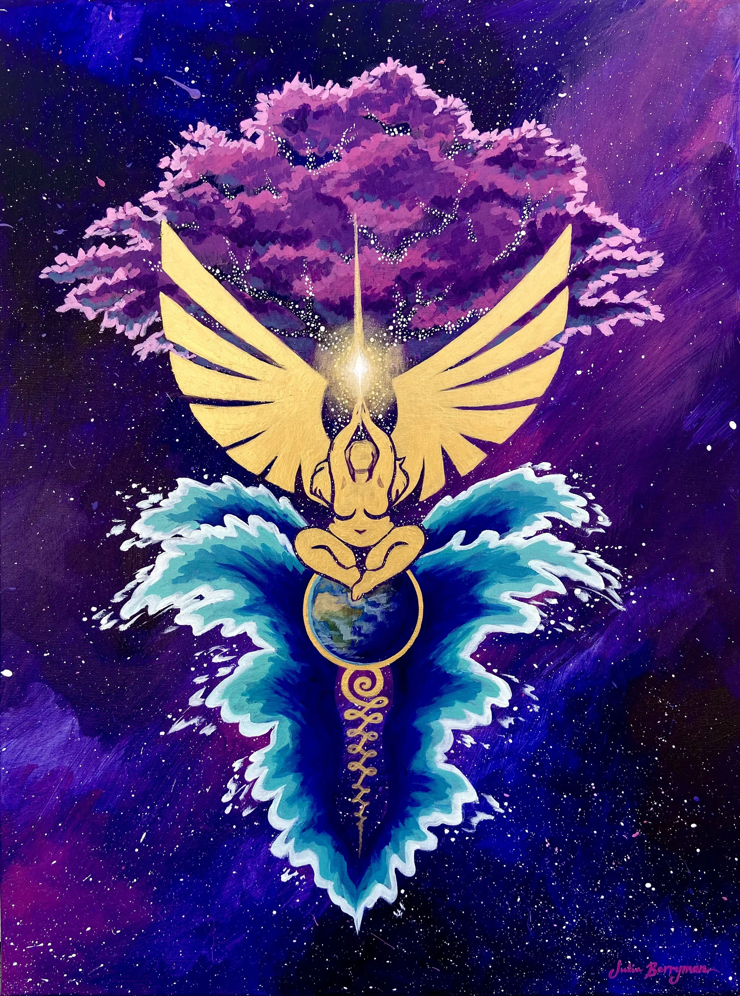 Acrylic painting of a golden angel in a meditative pose with glowing wings, holding a glowing sword, sitting on a globe emerging from ocean waves, before a pink magnolia tree against a purple starry sky, by Julia Berryman.