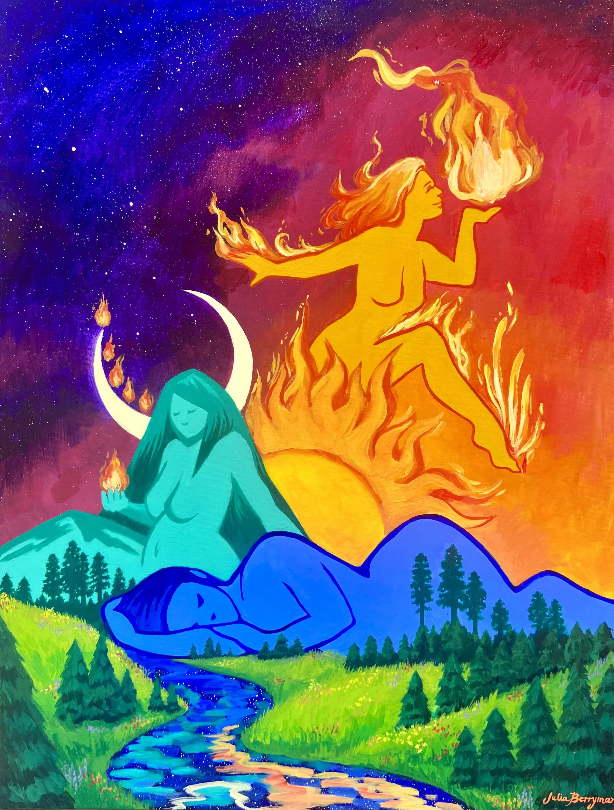Acrylic painting of three elemental goddesses. Starry sky. A golden goddess emerging from the sun with flames, a turquoise mountain goddess with a crescent moon, and a blue goddess in repose whose hair flows into a river valley. By Julia Berryman.