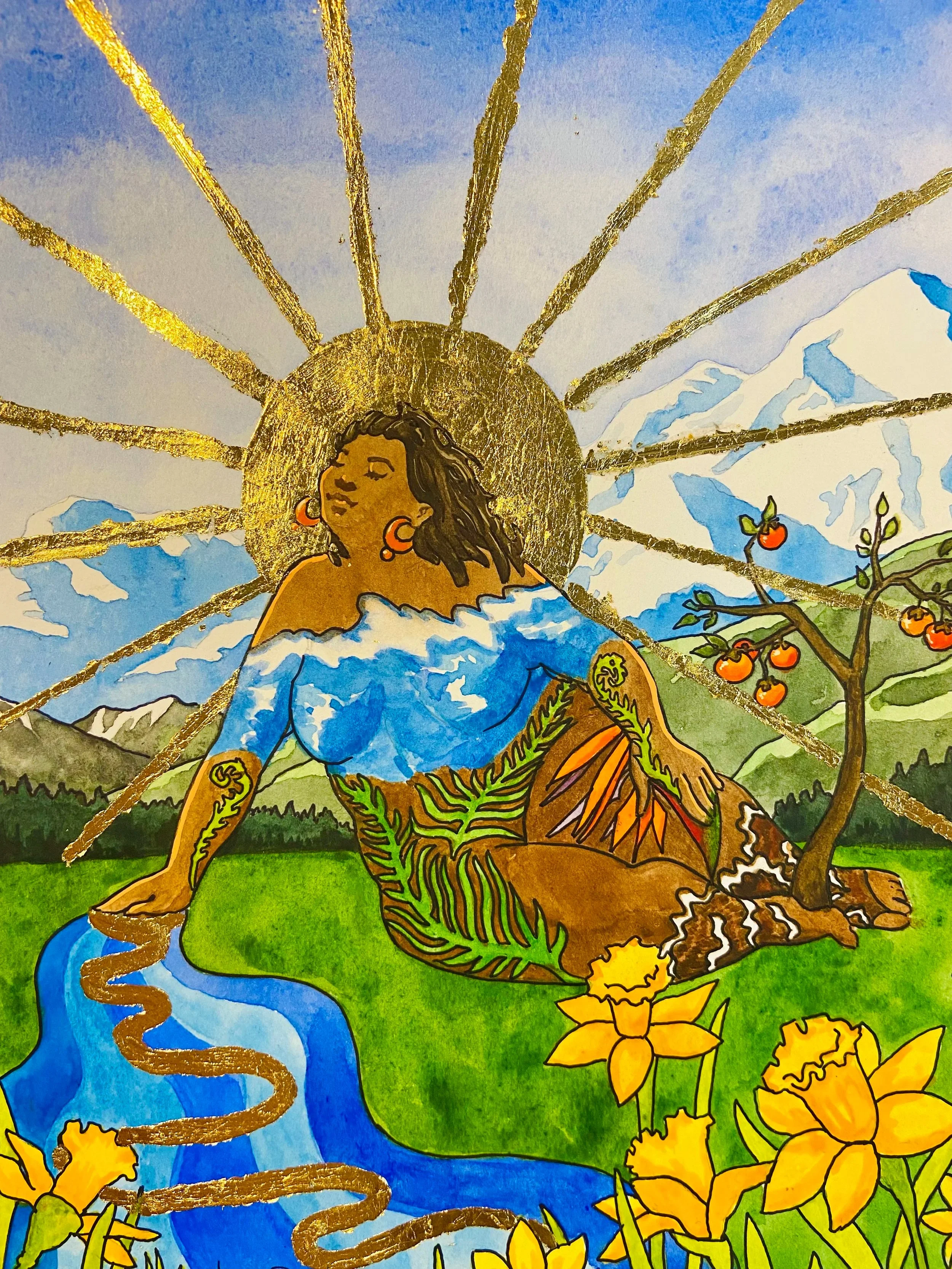 A colorful artistic depiction of a woman with closed eyes, brown skin, black hair, wearing large orange earrings, surrounded by mountains, a flowing river, yellow flowers, and a branch with orange berries, with golden rays emanating from behind her h