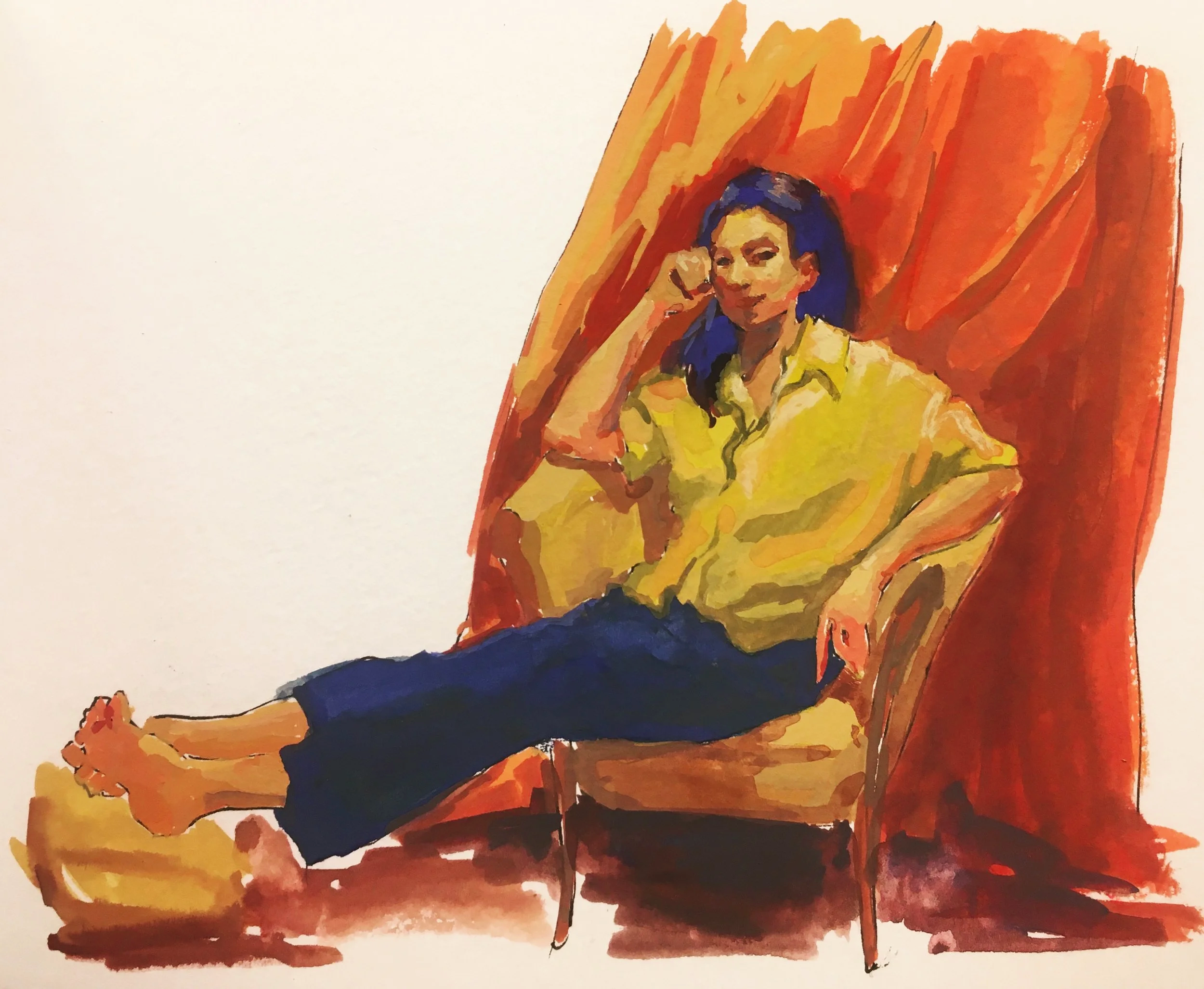 Gouache painting of a woman with long dark hair sitting relaxed on a red chair, smiling and resting her head on her hand, wearing a yellow shirt and blue pants, with a red curtain in the background, by Julia Berryman.