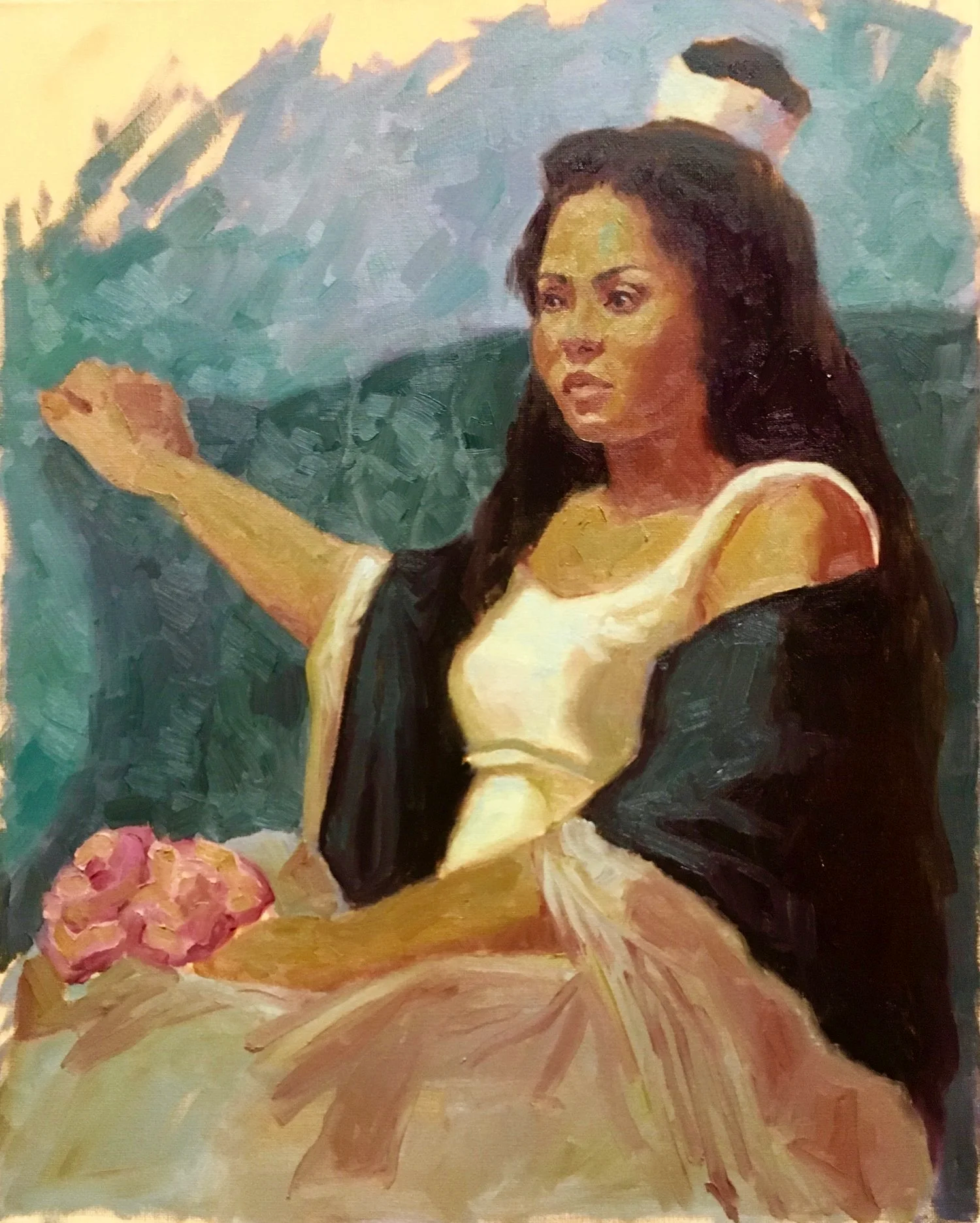 Figurative oil painting portrait of a woman with long dark brown hair and tan skin, wearing a white shirt and black shawl, holding pink flowers, by Julia Berryman.