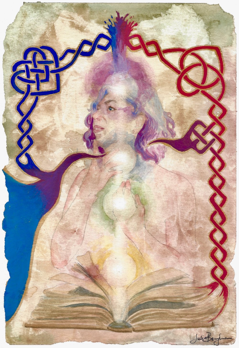 A watercolor-style illustration of a woman with flowing hair, expressing her voice, surrounded by colorful Celtic knot designs and an open magical book at the bottom, with glowing chakra energy centers. Watercolor by Julia Berryman.