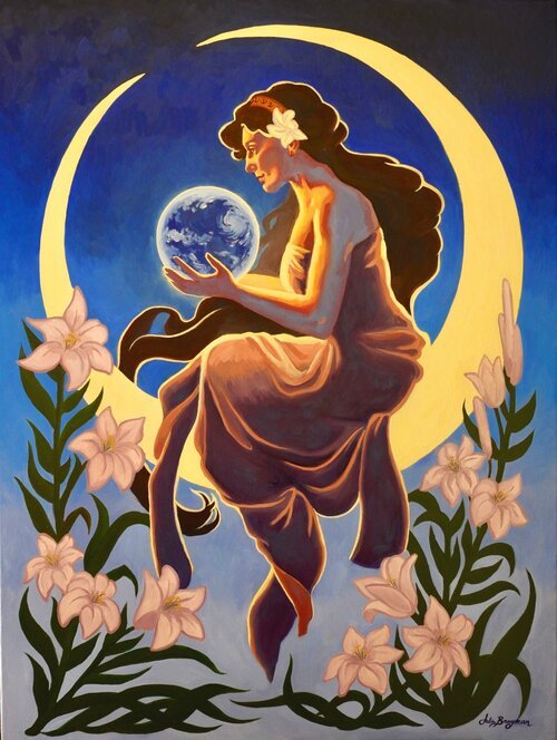 An illustration of a woman with long brown hair and a flower in her hair, sitting on a crescent moon, holding the Earth in her hands, surrounded by lilies and a starry sky. Oil painting by Julia Berryman.