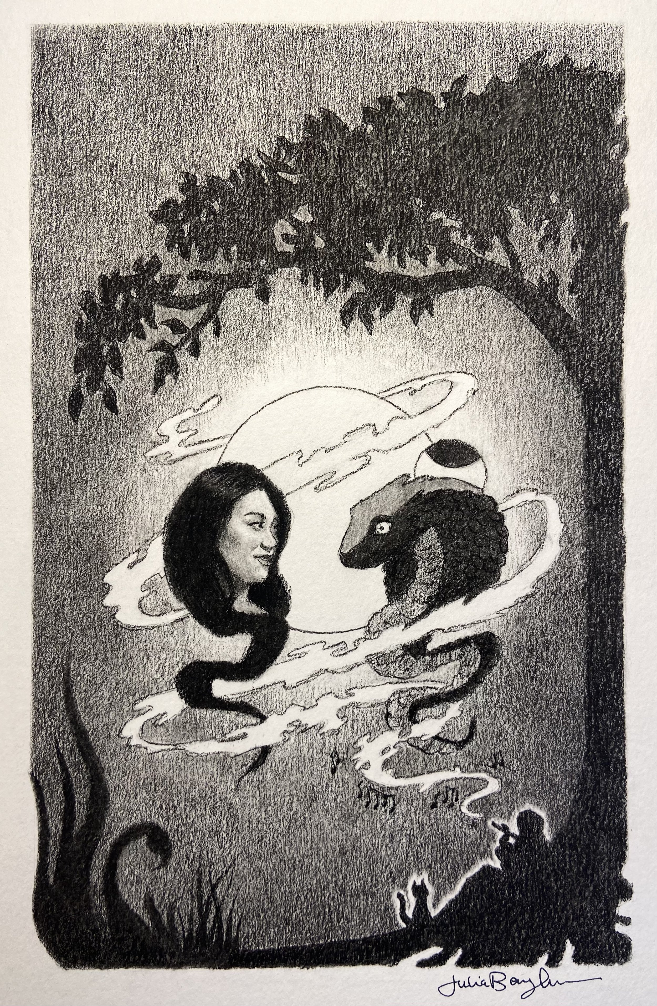 Black and white drawing of a woman with long hair facing a snake with trees and full moon in the night sky in the background. Drawing by Julia Berryman.