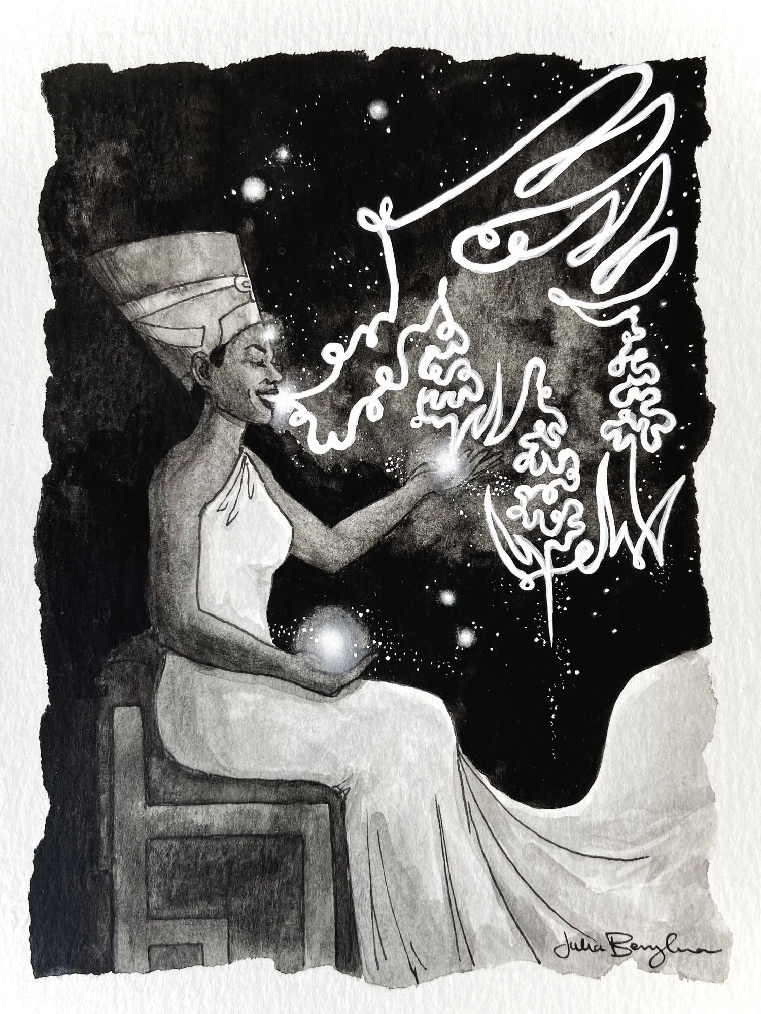 Black and white watercolor of a confident Egyptian woman in a white flowing dress, holding glowing orbs, with abstract swirls flowing from her mouth, against a dark celestial background, by Julia Berryman.