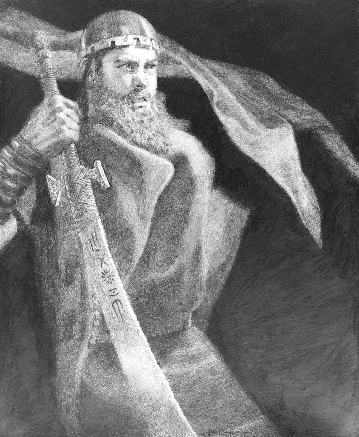 Graphite pencil drawing of a bearded Viking warrior with a metal helmet and headband, holding a large sword, with a flag flying in a dark shadowed background, evoking Ragnarok, by Julia Berryman.