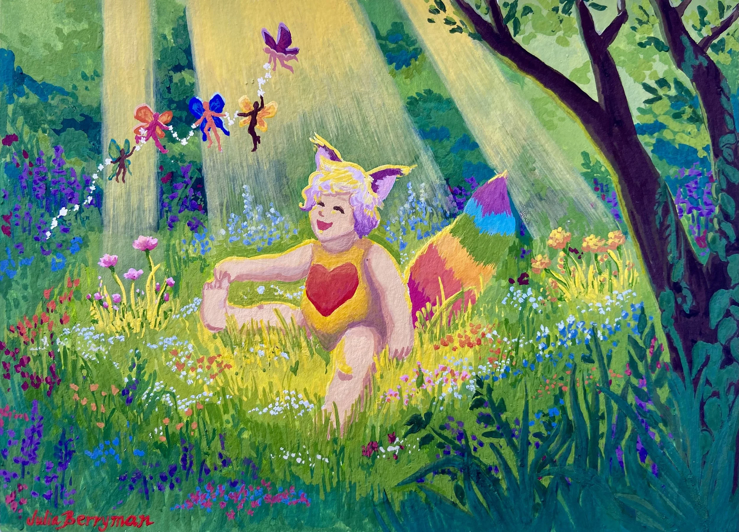 Colorful illustration of a fairy with purple hair, butterfly wings, and a rainbow-colored tail, sitting in a lush garden with flowers and trees. Three small fairies with wings are flying above her, holding a string of stars and a wand. The scene is v