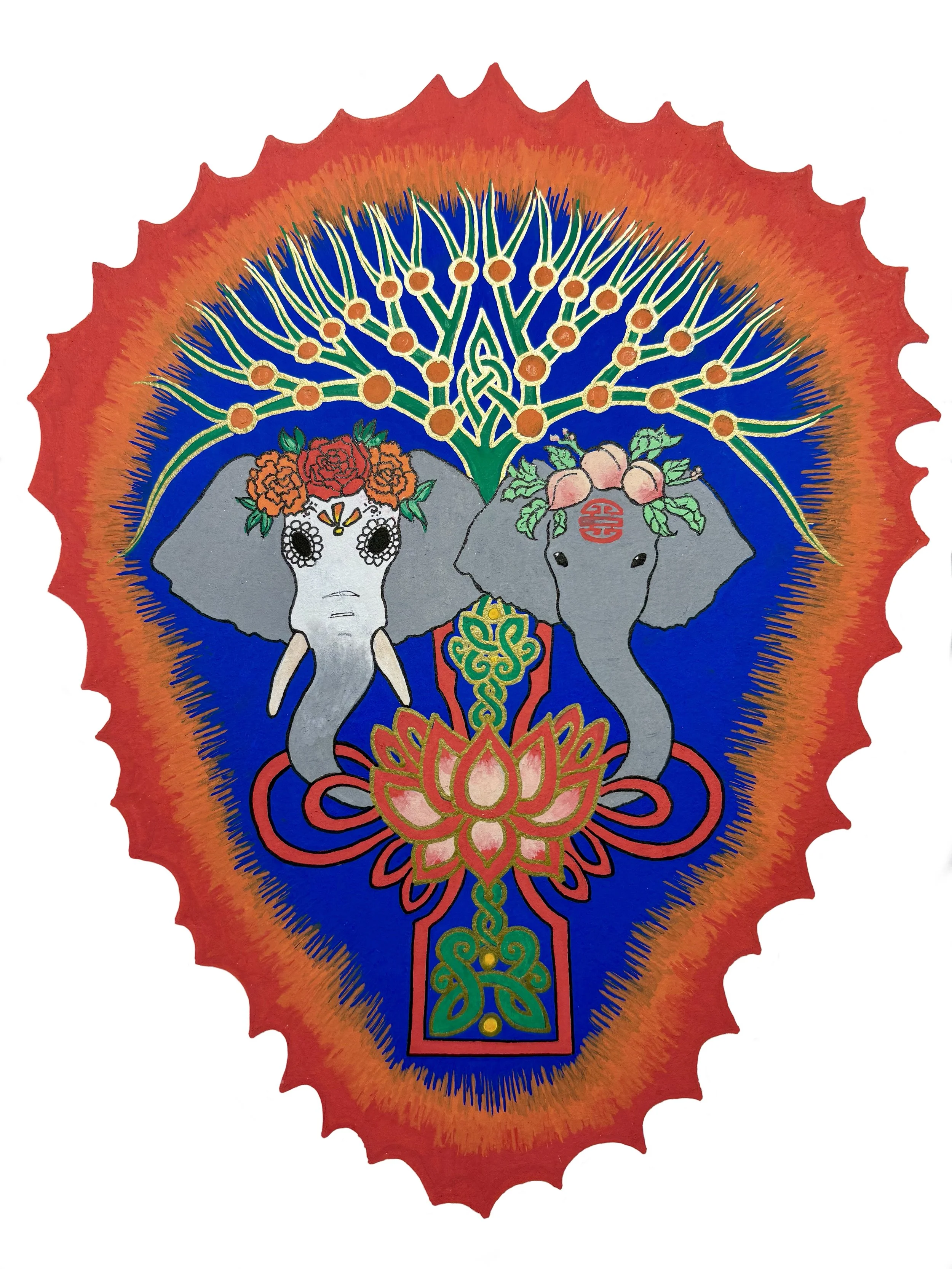Colorful Posca marker artwork featuring a family tree with stylized elephants, including a Día de los Muertos elephant with a marigold headpiece and skull face, lotus flowers, and intricate Celtic, Chinese, and Mexican patterns, by Julia Berryman.