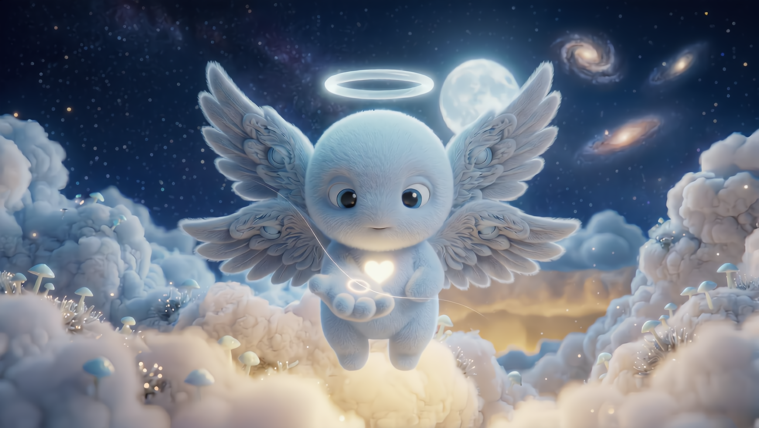A cute, angelic creature with white fur, large expressive eyes, butterfly-like wings, a glowing halo, and a glowing heart on its chest surrounded by clouds, mushrooms, and a starry sky with galaxies.
