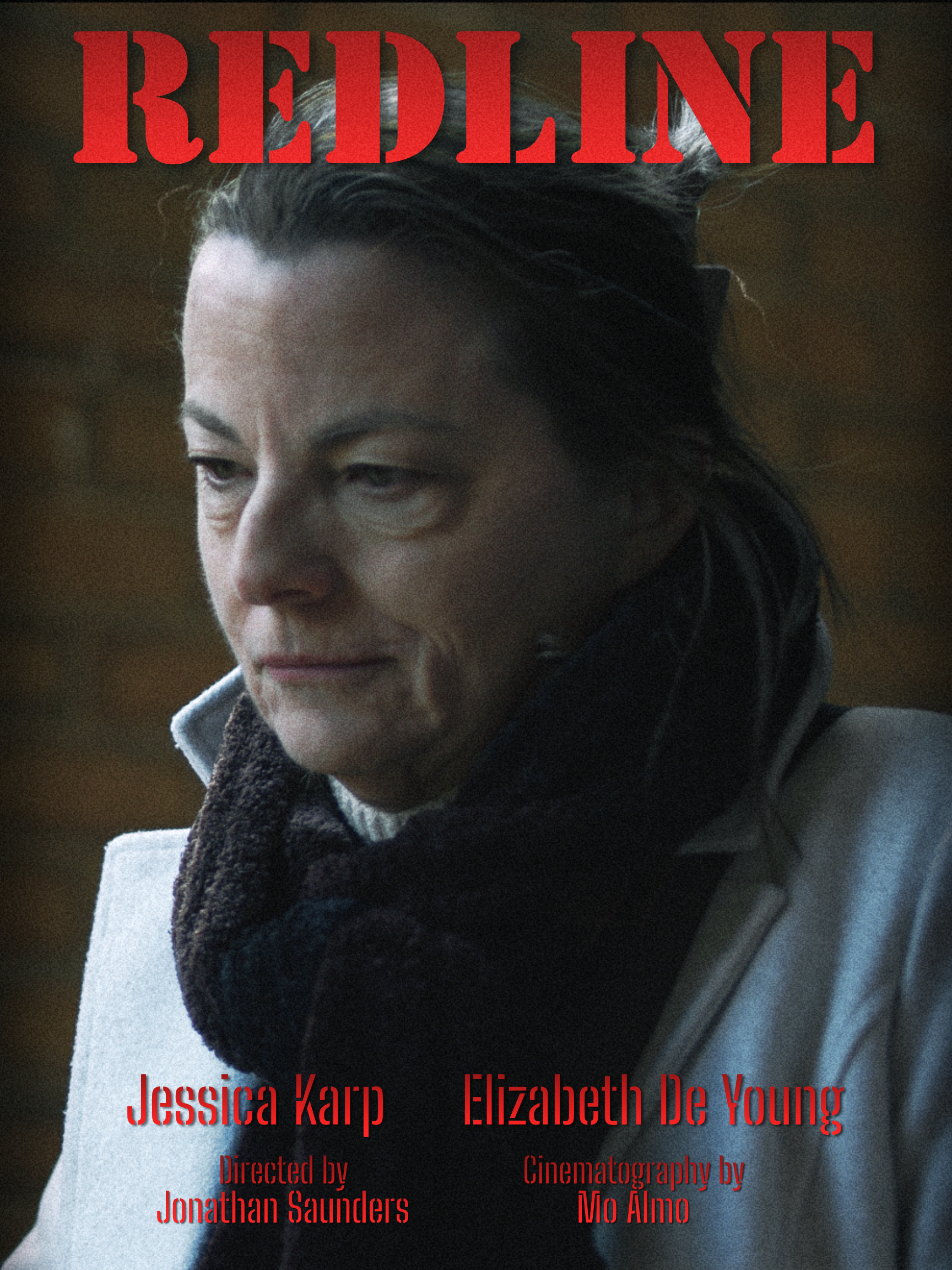 Close-up of a woman with dark hair and a serious expression, wearing a scarf and coat, with red text overlay reading 'Reignite' and credits for Jessica Karp, Elizabeth De Young, Jonathan Saunders, and Mo Alto.