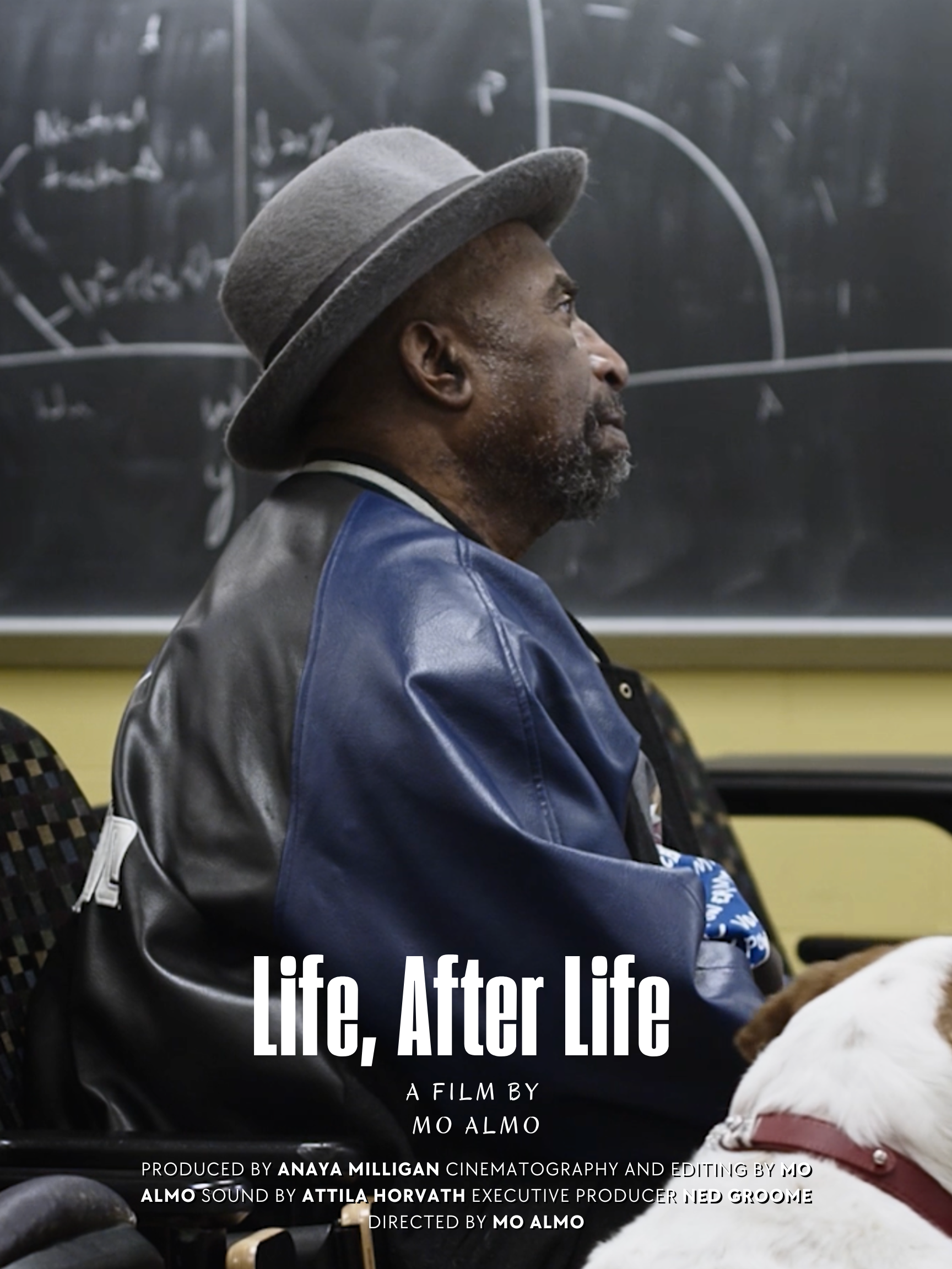 Side profile of a man wearing a grey hat, sitting on a bus with a blackboard in the background, with text overlay indicating a film titled 'Life, After Life' by Mo Almo.