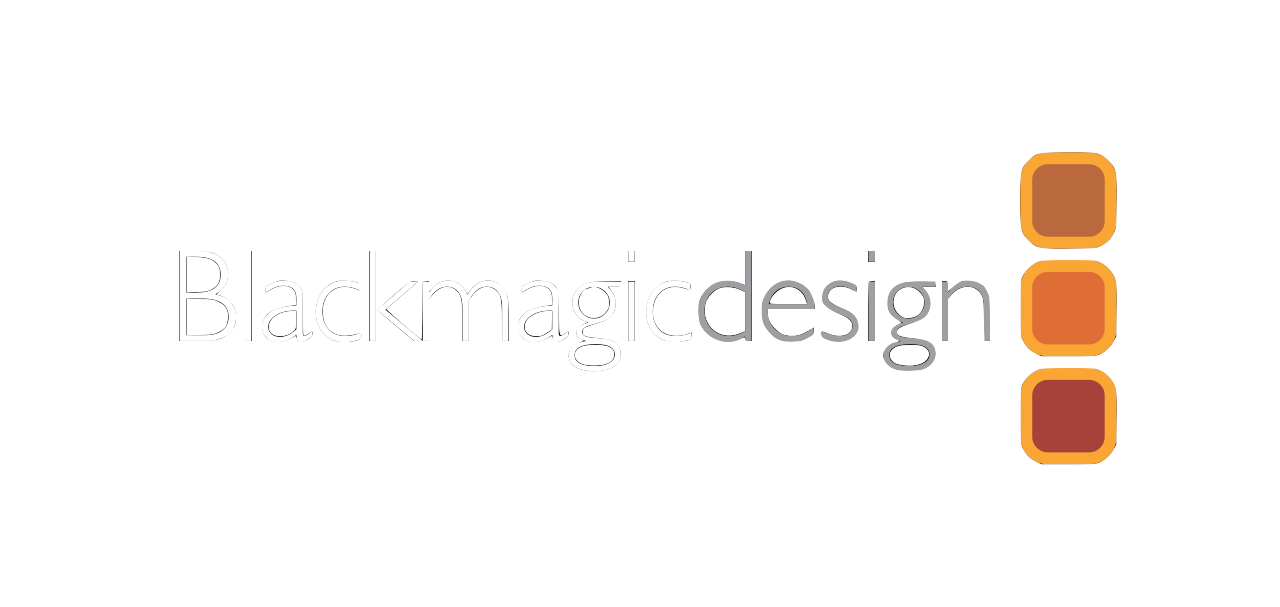 Blackmagic Design logo with four orange-brown gradient squares on the right side, set against a black background.