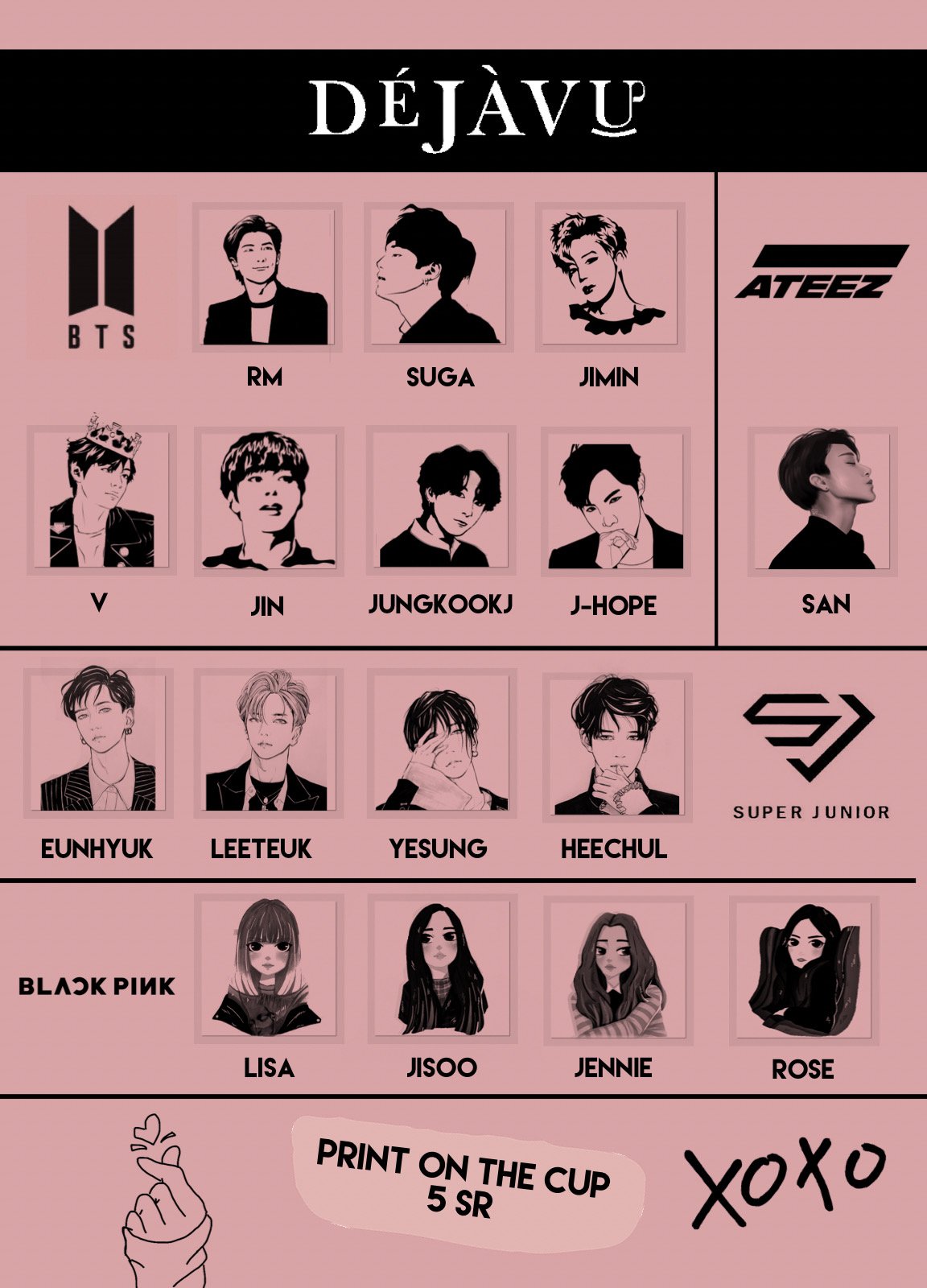A poster featuring K-pop groups BTS, ATEEZ, Super Junior, and BLACKPINK, with individual drawings of members and their names.