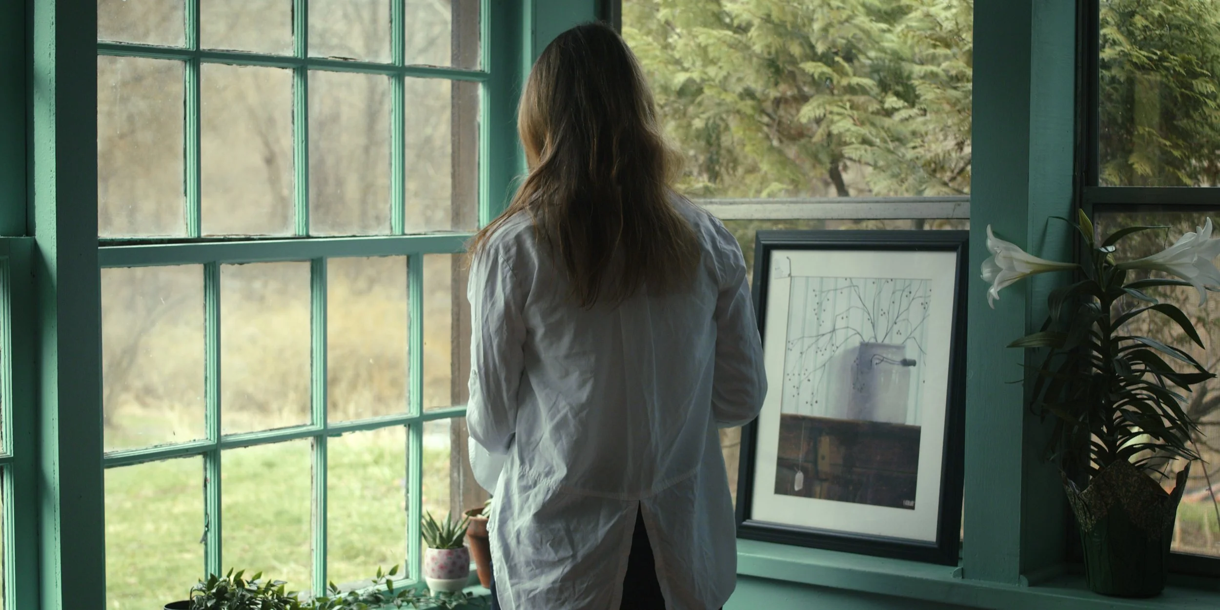 A woman with long brown hair wearing a white shirt stands by an open window, looking outside. There are framed pictures and potted plants on the windowsill, with greenery visible outside.