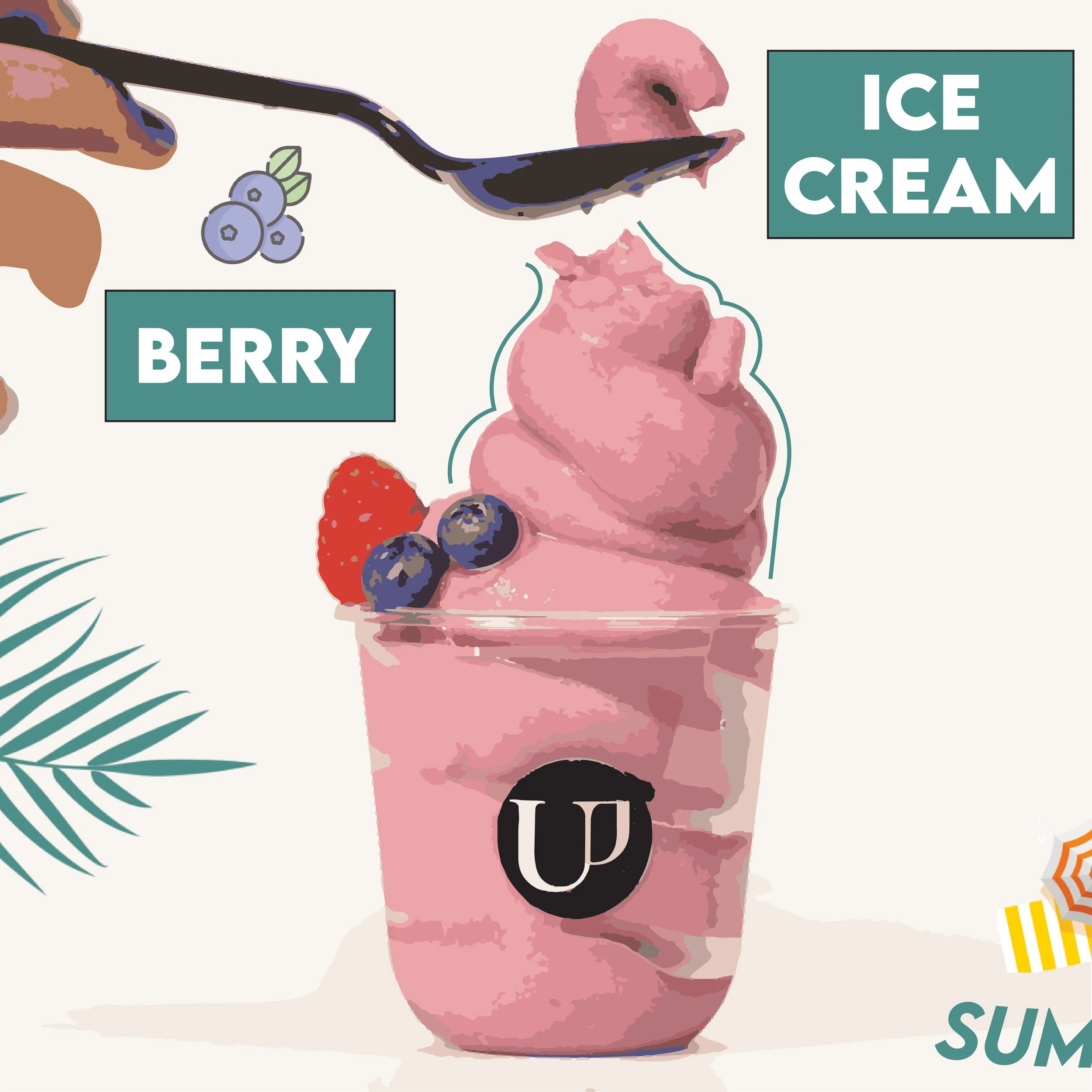 An illustration of a pink ice cream cone with blueberries and a strawberry on top, alongside text that says 'Ice Cream'.