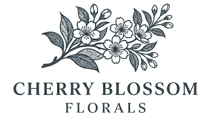 Black and white floral logo with cherry blossoms and leaves, and the text "Cherry Blossom Florals" underneath.