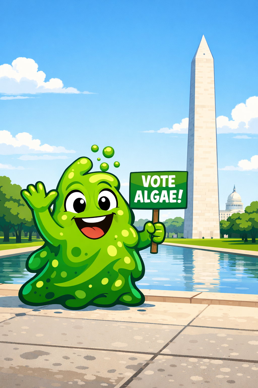 Cartoon green algae character holding a sign that says 'Vote Algae!' near the Washington Monument in Washington, D.C.