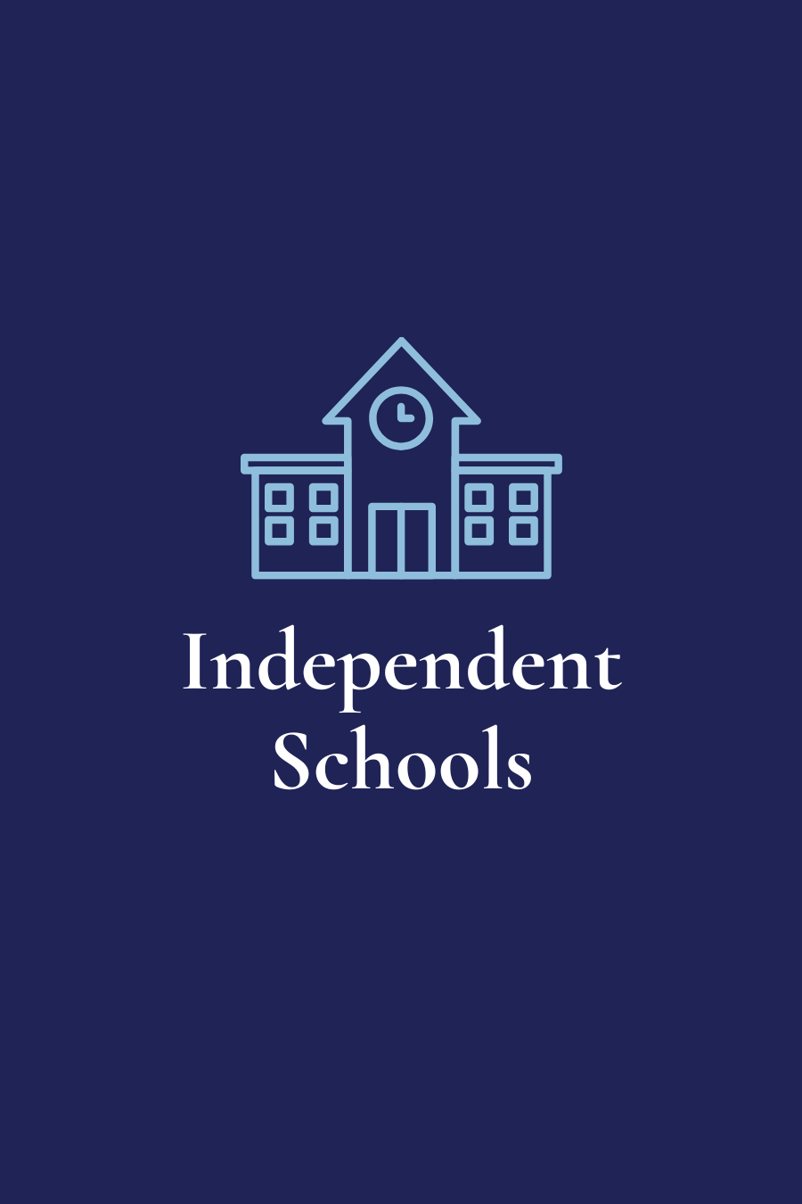 Graphic of a school building with a clock, with the text "Independent Schools" underneath, on a dark blue background.
