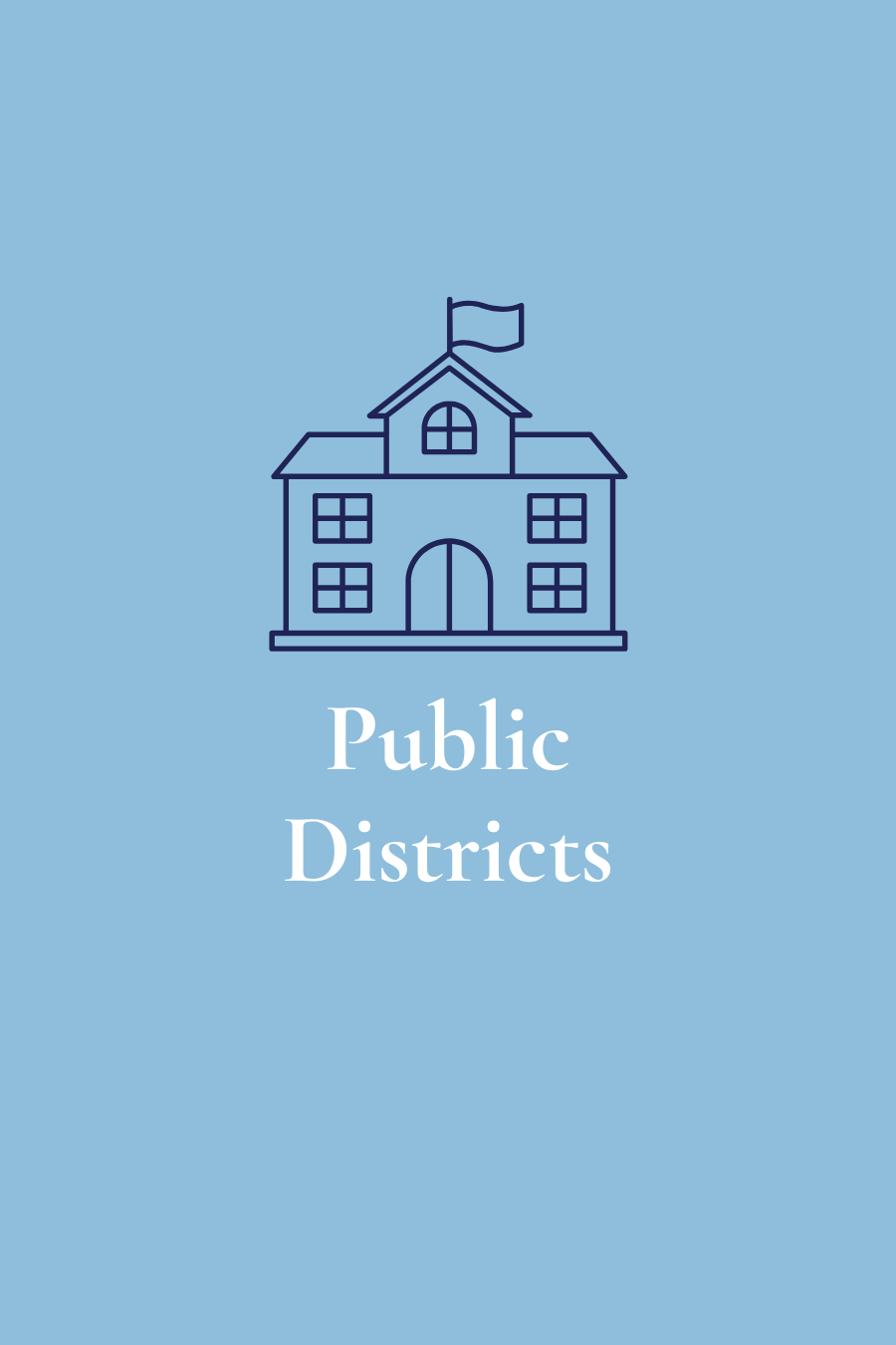 Illustration of a school building with a flag on top and the text 'Public Districts' on a blue background.
