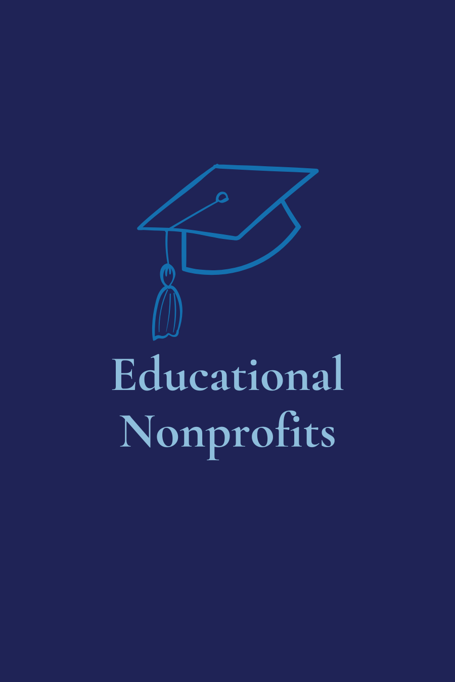 Blue background with a minimalist line drawing of a graduation cap and tassel, and the text 'Educational Nonprofits' in light blue