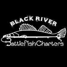 Logo for Black River Battle Fish Charters featuring a white fish skeleton and stylized river and mountain graphics on a black background.