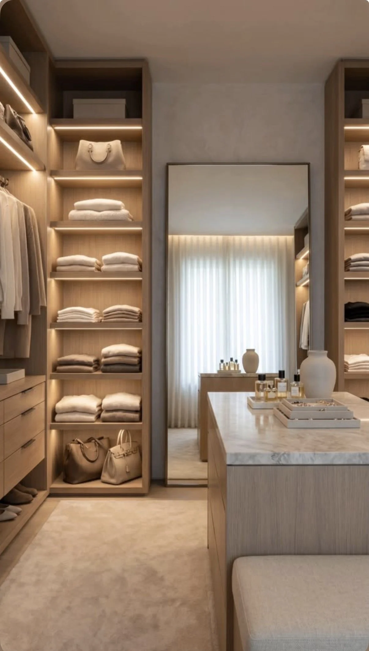 An organized walk-in closet with wooden shelving filled with folded clothes, handbags, and boxes, a mirror, and a marble-topped table with perfume bottles and decorative vases, light curtains and soft lighting.