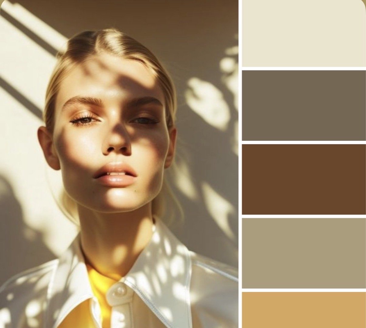 A woman with blonde hair winks, with sunlight and shadows creating patterns on her face, wearing a white shirt with a yellow top underneath.