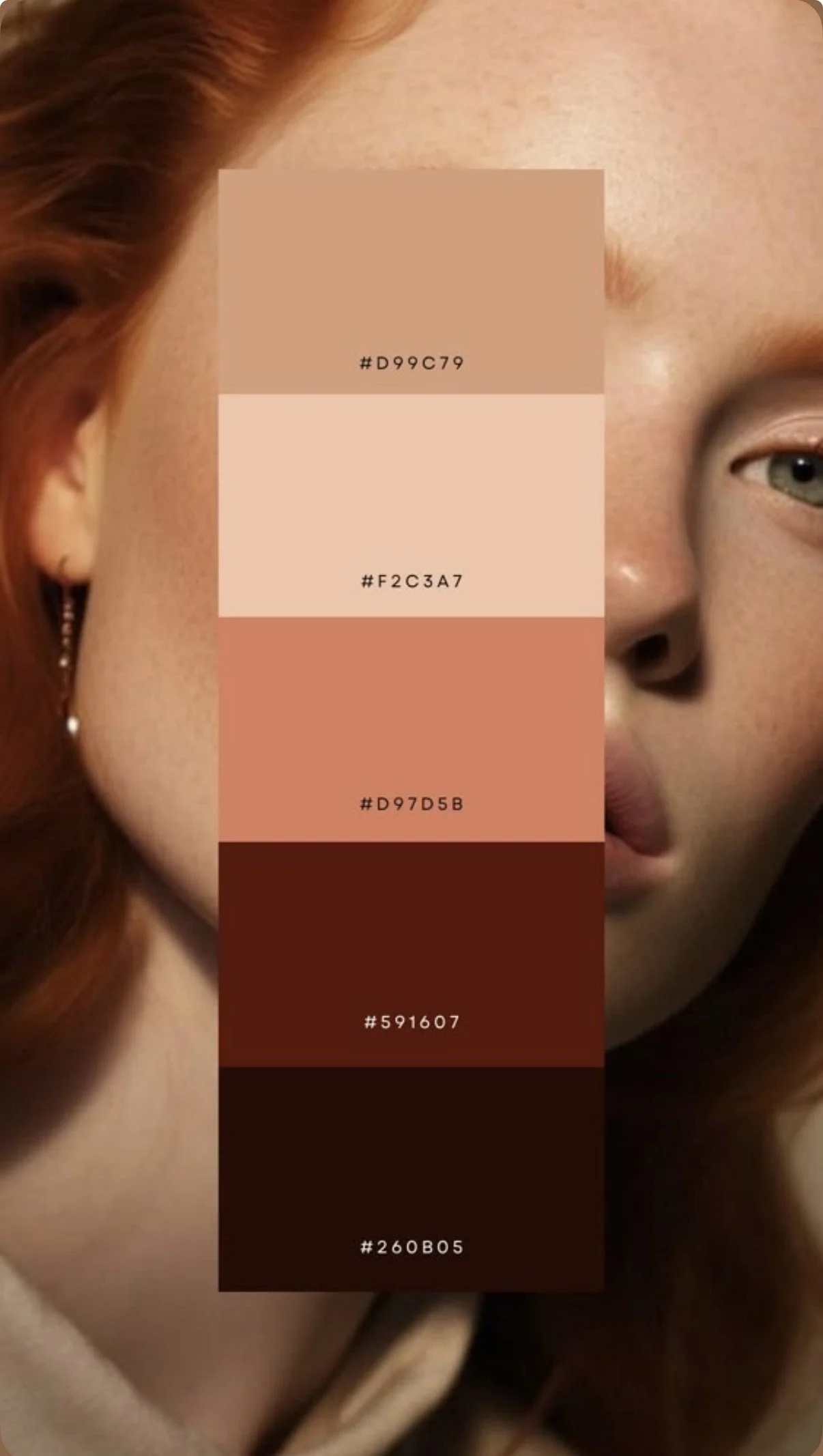 Close-up of a woman's face with red hair, showing her eye and part of her cheek, with a color palette overlay in the center displaying six shades of beige and brown, each labeled with a hex code.