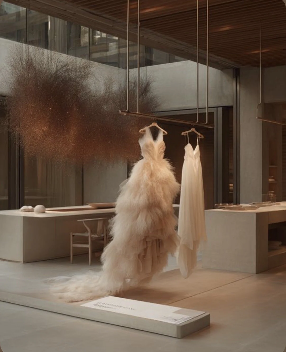A fluffy dog standing on its hind legs in front of a mirror, with a cloud of brown dust or particles emanating from it, in a modern, minimalist room with hanging dresses and wooden ceiling.