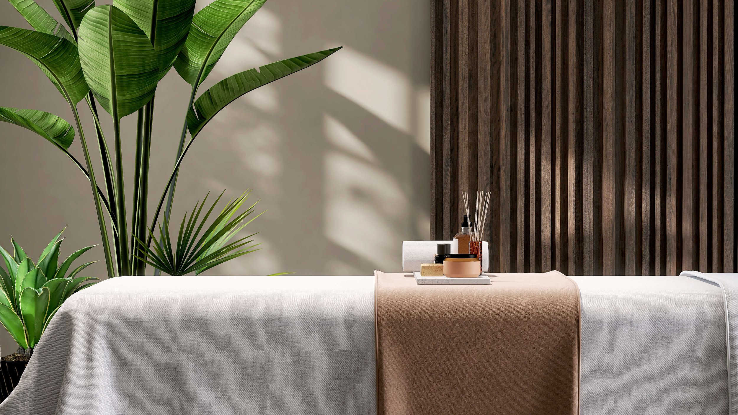 A couch used for holistic sessions draped in white cloth with a large plant in the corner of the room