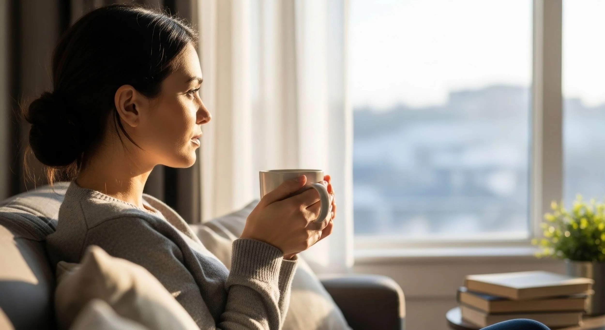 woman holding a warm drink wearing a cardigan, sitting on a sofa gazing out of the window on a sunny day