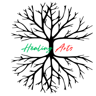 Logo with the words 'Healing Arts' in green and red text, with a mirror image of a tress as a circular design around it.