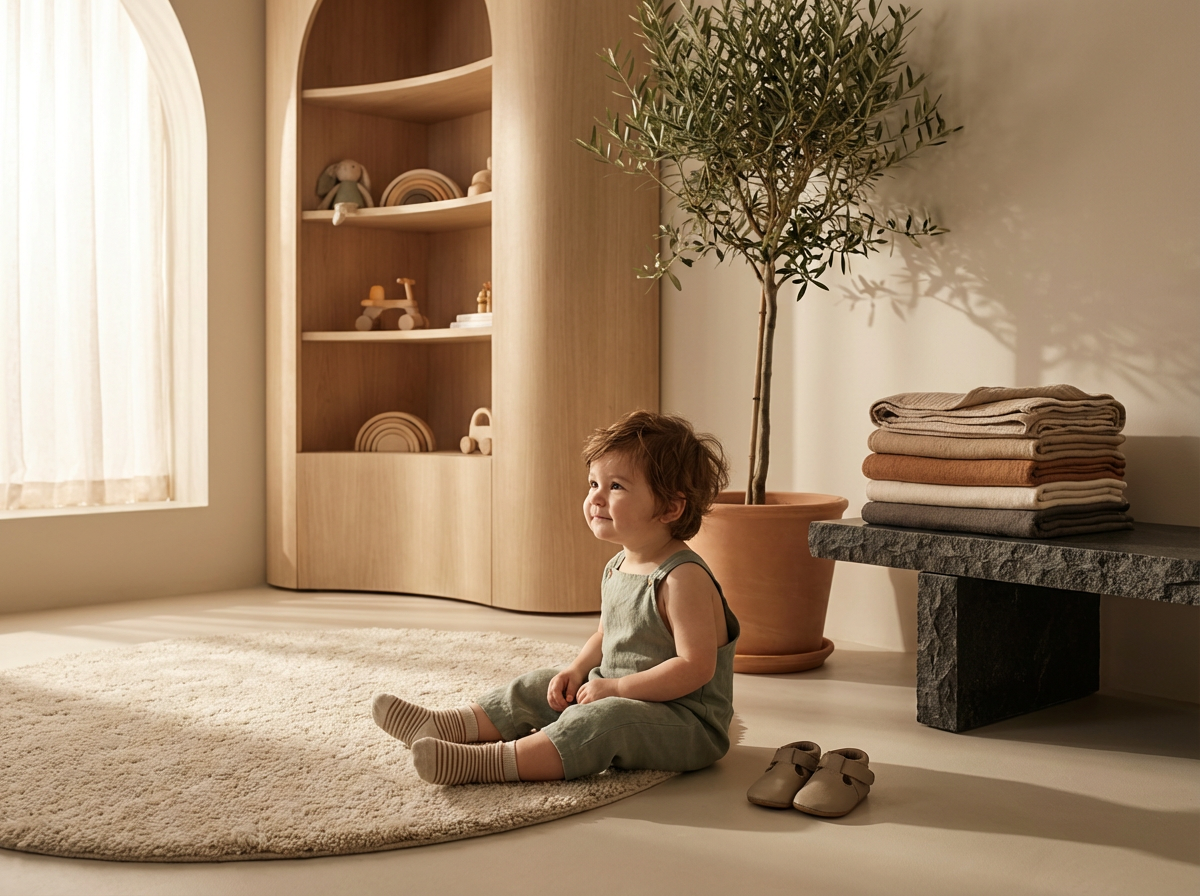 A smiling young child sitting on a cream-colored rug inside a cozy, minimalist room. There is a large potted tree, a stack of folded towels, and a wooden shelf with decorative wooden toys and objects. Light is softly coming through a window to the left.