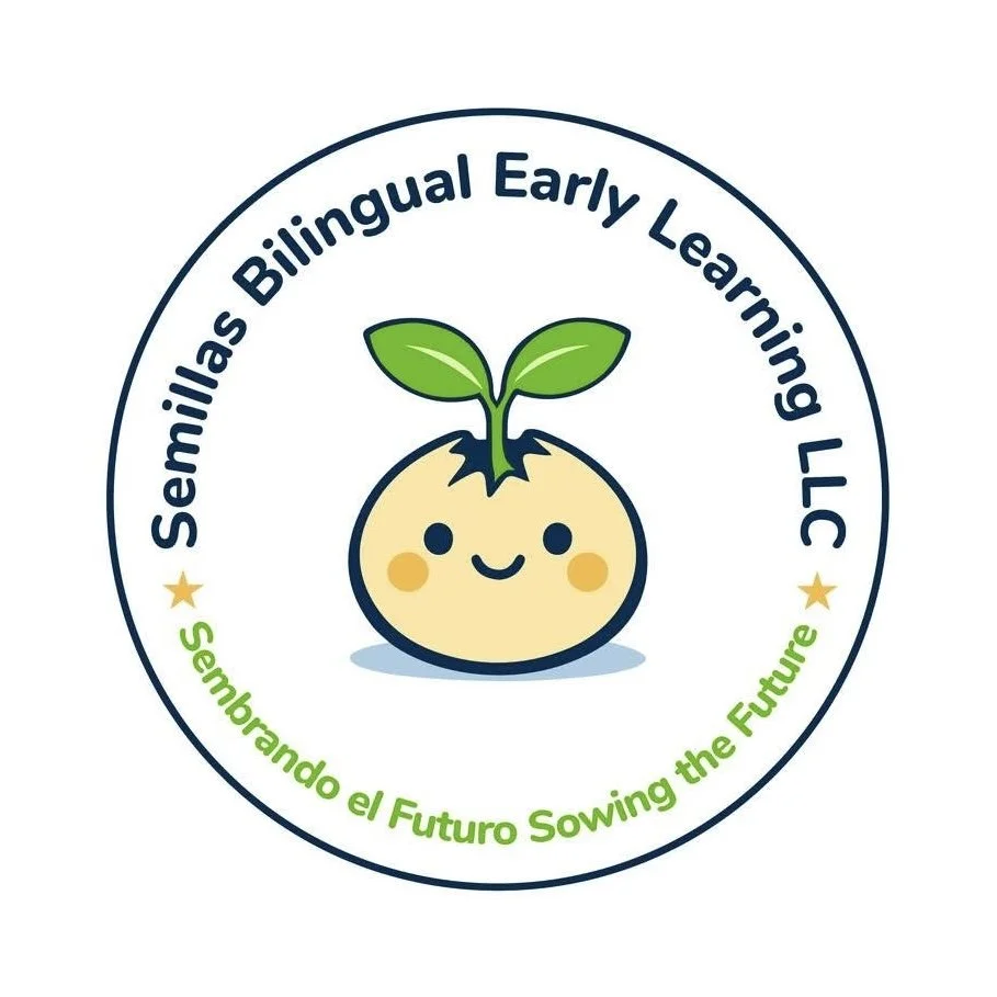 Logo of Semillas Bilingual Early Learning LLC featuring a smiling, cartoon seed with green leaves on top, surrounded by the company name in English and Spanish.